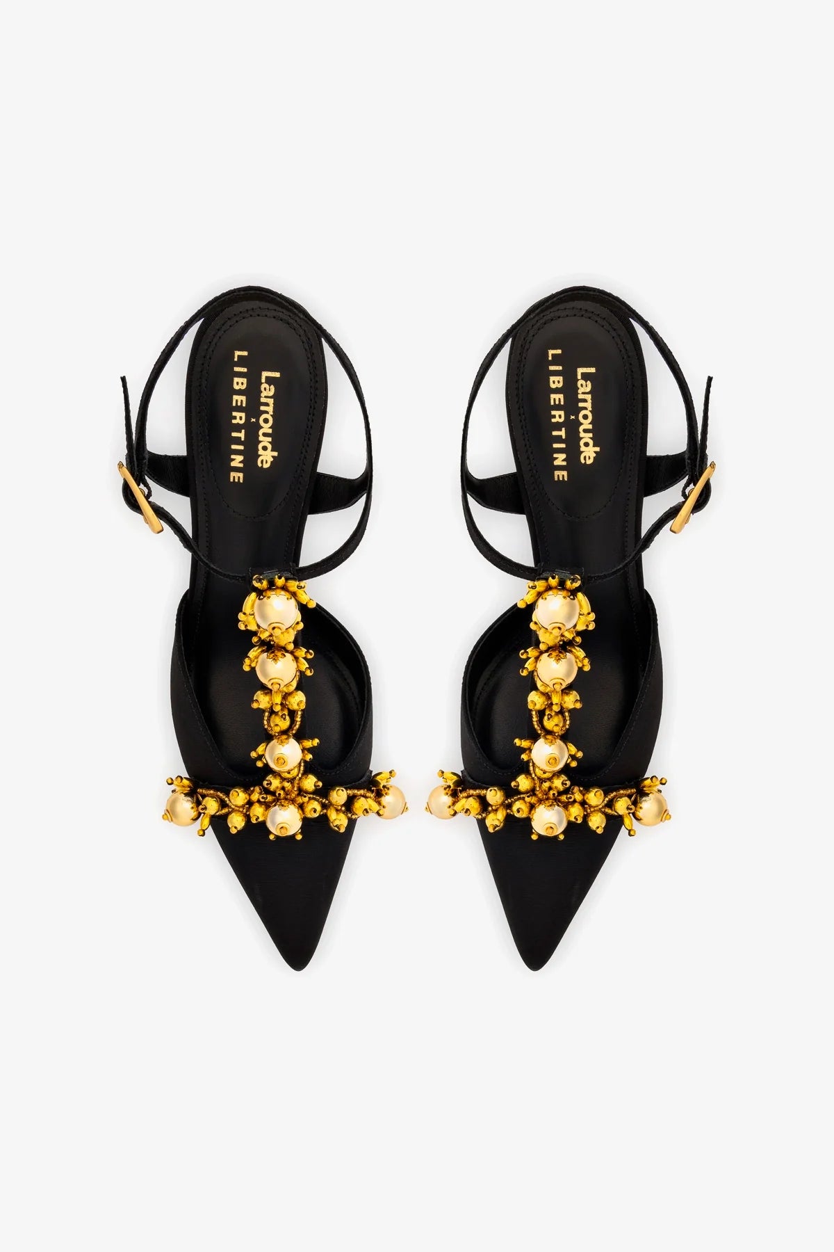 Larroudé x Libertine Black Fabric Pump with Golden Balls - Elegant Women's Heels for Parties, Weddings & Special Occasions