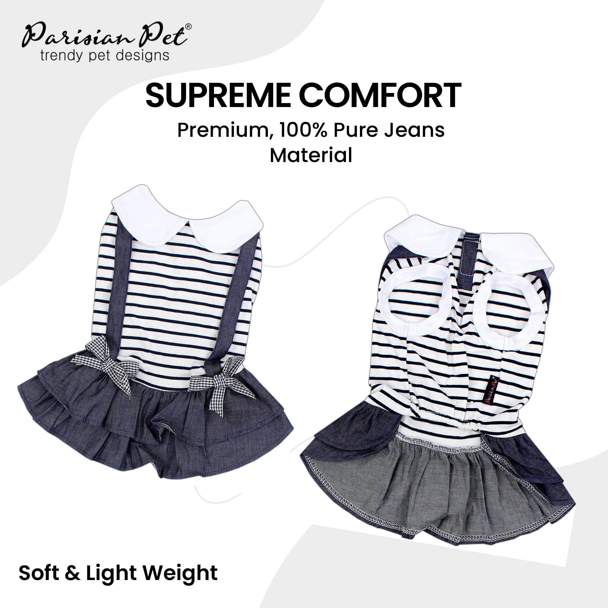 Parisian Pet Dog Dress - Preppy Girl Dog Clothes - Stylish Chambray Skirt Summer Outfit for Small Dogs - Lightweight Sleeveless Dog Overall Dress - Perfect for Parties, Walks & Photo Shoots
