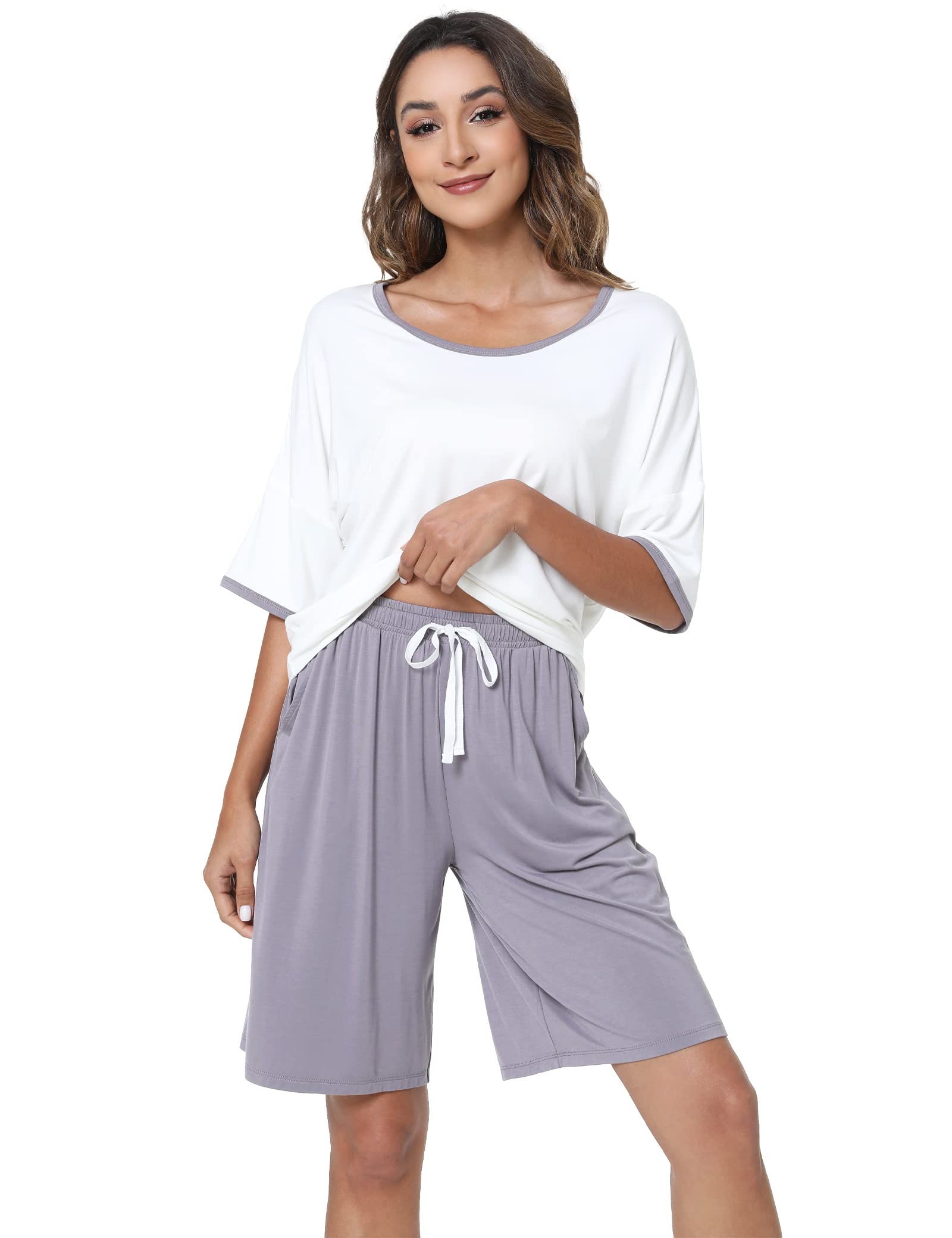 LazyCozy Women's Bamboo Viscose Pajama Set - Short Sleeve & Shorts for Sleep & Lounge
