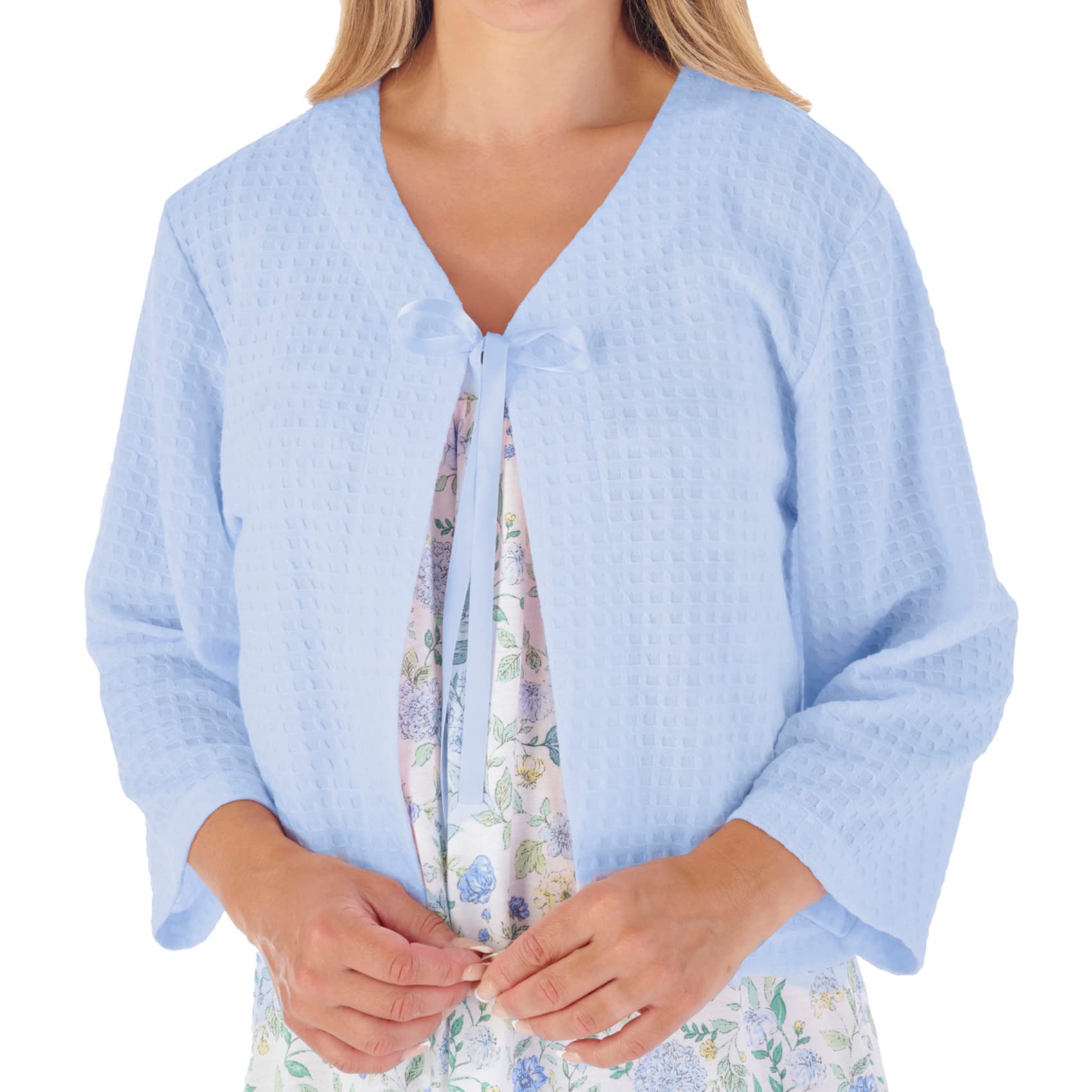 Slenderella Women's Waffle Knit Ribbon Tie Bed Jacket - 3/4 Sleeve House Coat for Lounge Wear & Relaxation at Home