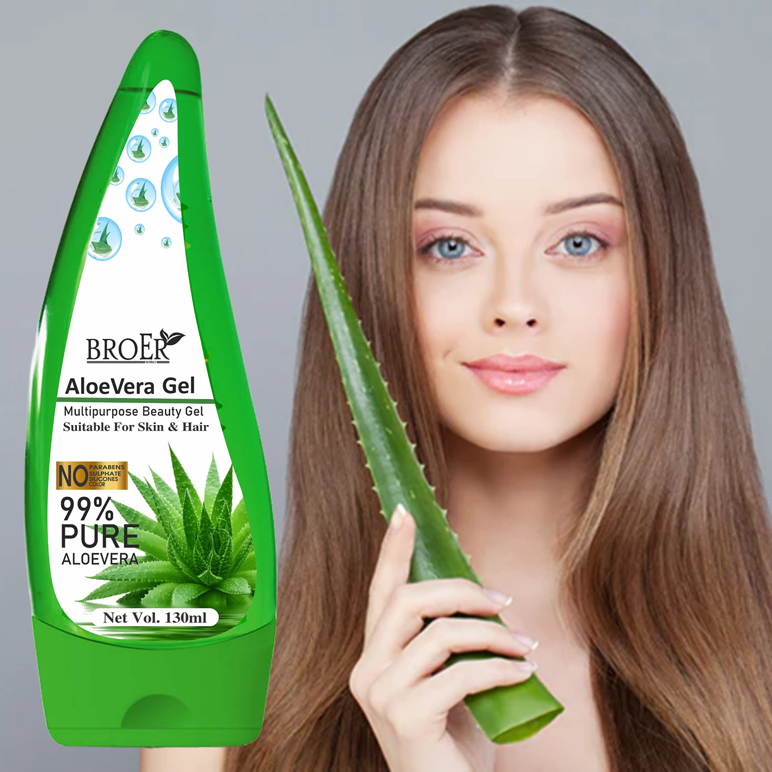 BROER Pure Aloe Vera Skin Gel 130g - Hydrating, Moisturizing & Soothing Gel for Face, Hair & Body Care | Natural Skin Repair & Sunburn Relief | Perfect for Daily Hydration, After-Sun Care & Hair Treatment