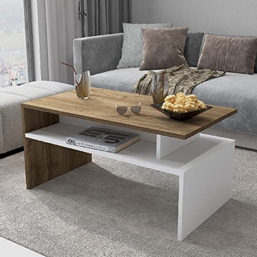 Modern White & Walnut Coffee Table with Shelves - 90x50x43cm for Living Room