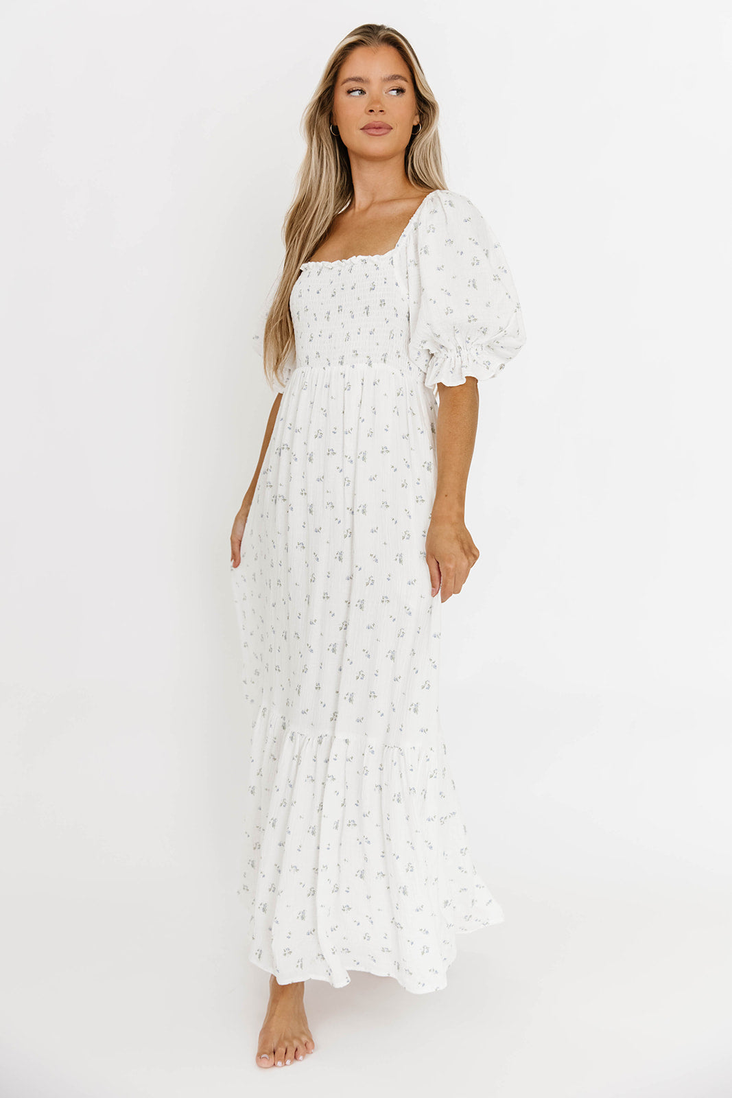 Livvy 100% Cotton Maxi Dress - Off White & Blue Floral Print, Women's Summer Beach Dress for Vacation, Party & Casual Wear