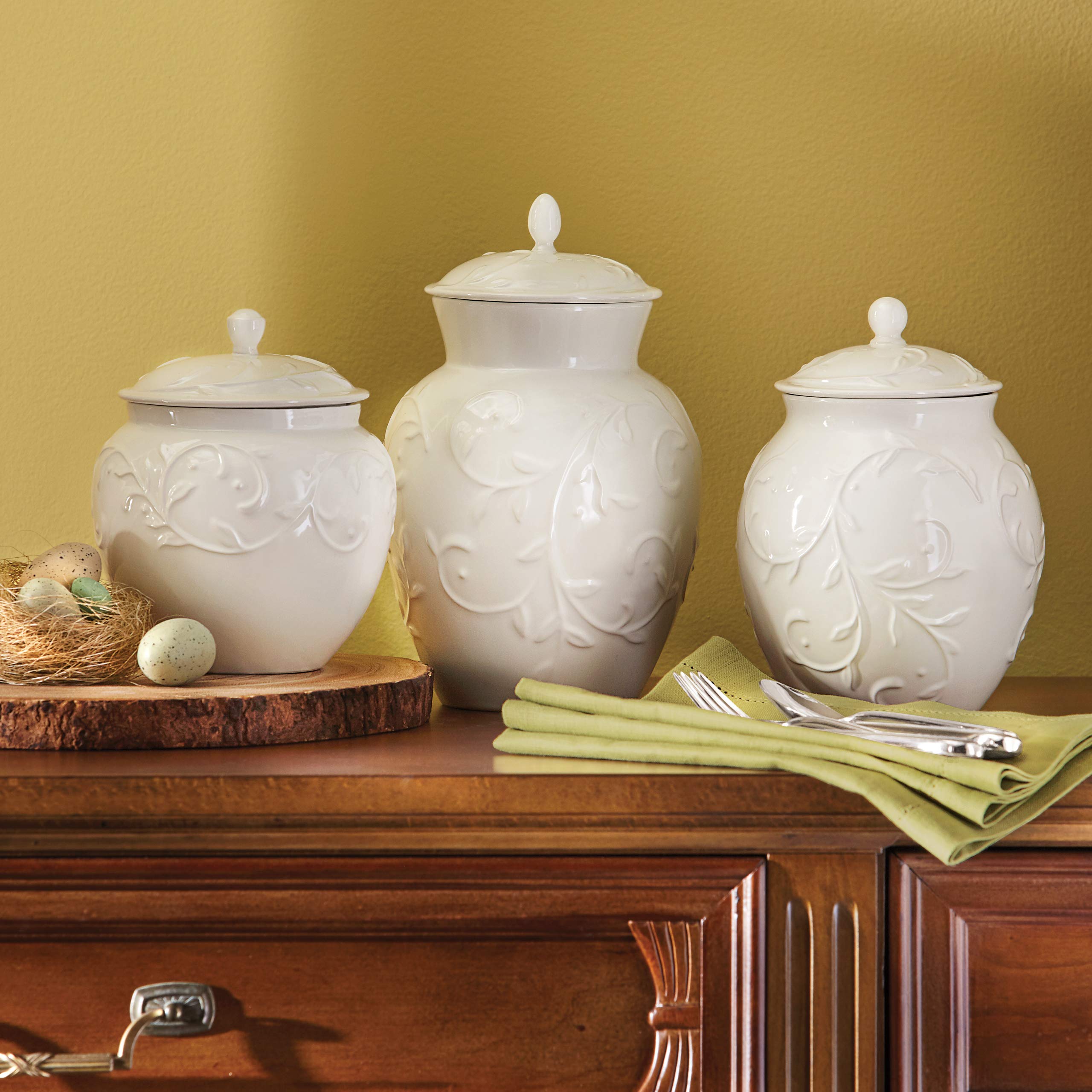 Lenox 826014 Opal Innocence Carved 3-Piece Canister Set - Elegant Ceramic Storage Containers for Kitchen Countertop, Pantry Organization & Home Decor