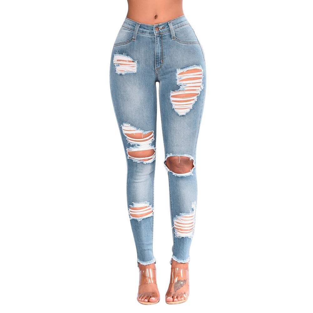 Blue High Waisted Ripped Pencil Jeans for Women - Fall Winter Stretch Denim Pants with Sexy High Leg Design | Perfect for Casual Outfits, Office Wear & Night Out
