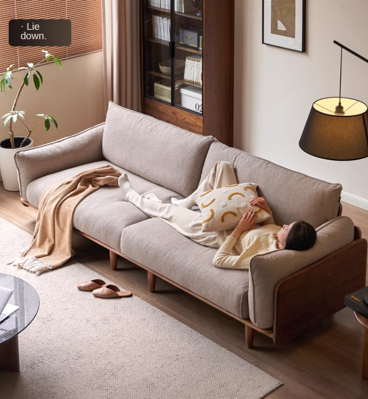 Oak Solid Wood Leather & Fabric Straight Sofa - Durable Modern Living Room Furniture for Home & Office