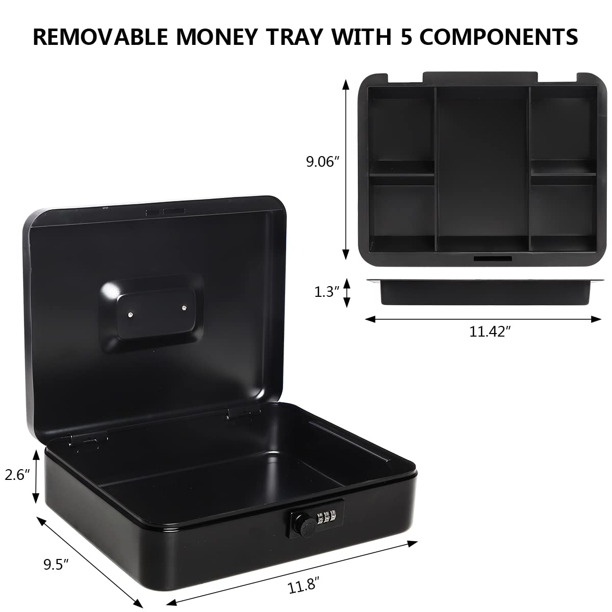 Kasten Heavy Duty Metal Cash Box with Money Tray & Combination Lock - Large Black Money Storage Box (11.8