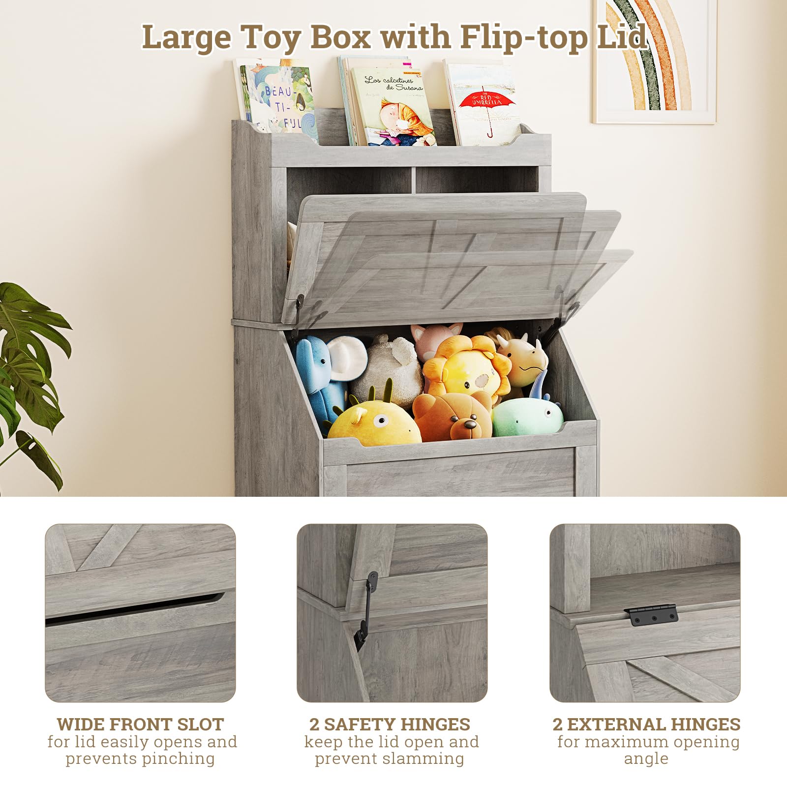 Wooden Kids Bookshelf and Toy Storage Organizer - Large Flip-top Toy Box with Cubby & 3-Tier Bookcase for Playroom, Bedroom, Nursery, Kindergarten - Perfect for Organizing Toys, Books & Kids' Belongings in Home & School