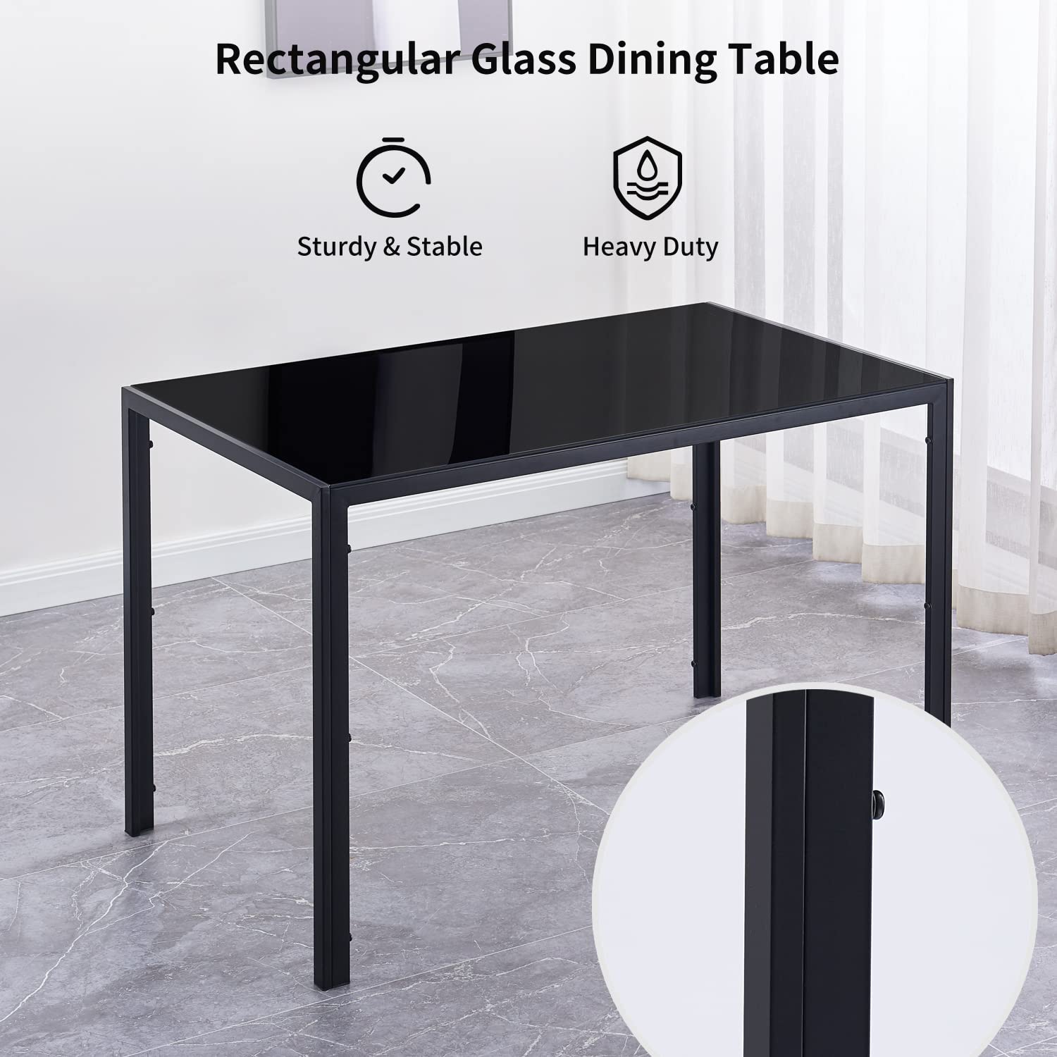 5-Piece Dining Table and Chair Set - Rectangular Glass Table with 4 PU Chairs (Black Table/Gray Chairs) - Perfect for Small Kitchens, Breakfast Nooks & Compact Dining Spaces