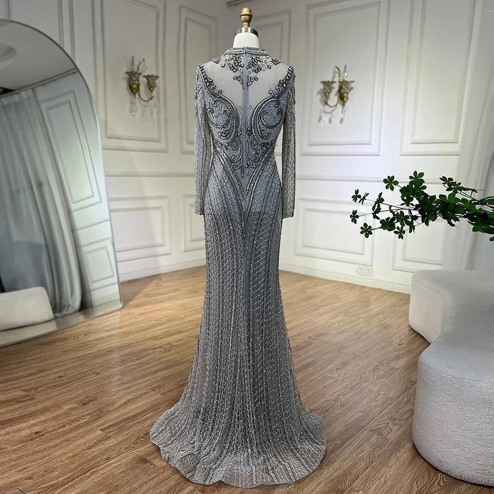 Elegant Dubai Gray Mermaid Evening Dress with Lace & Crystal Beads - Luxury Women's Gown for Wedding, Party & Special Occasions 2025 | LA72516 | Perfect for Prom, Red Carpet & Formal Events