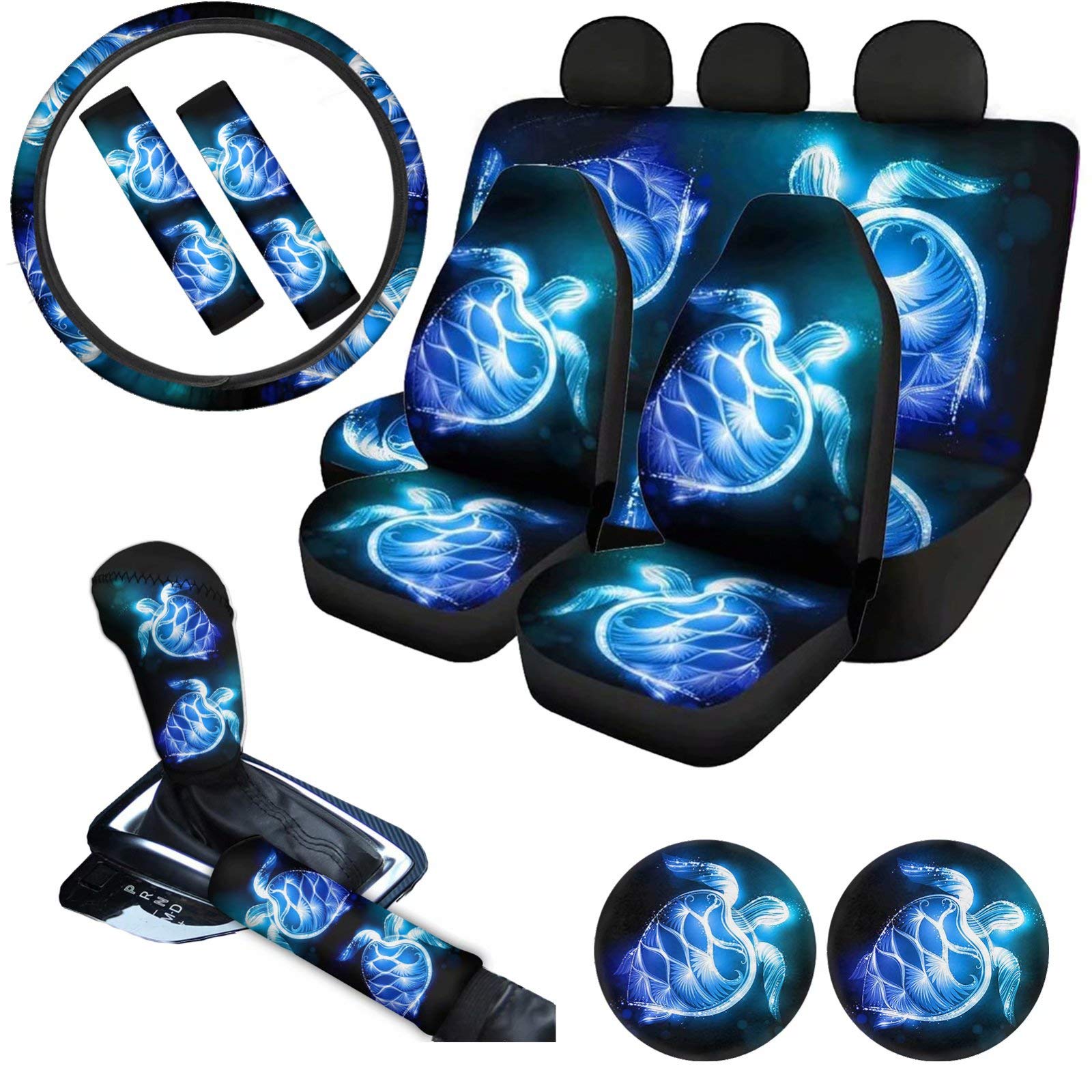 11Pcs Sea Turtle Car Accessories Set - Steering Wheel Cover & Seat Covers for Men & Women | Beach Style Auto Decor