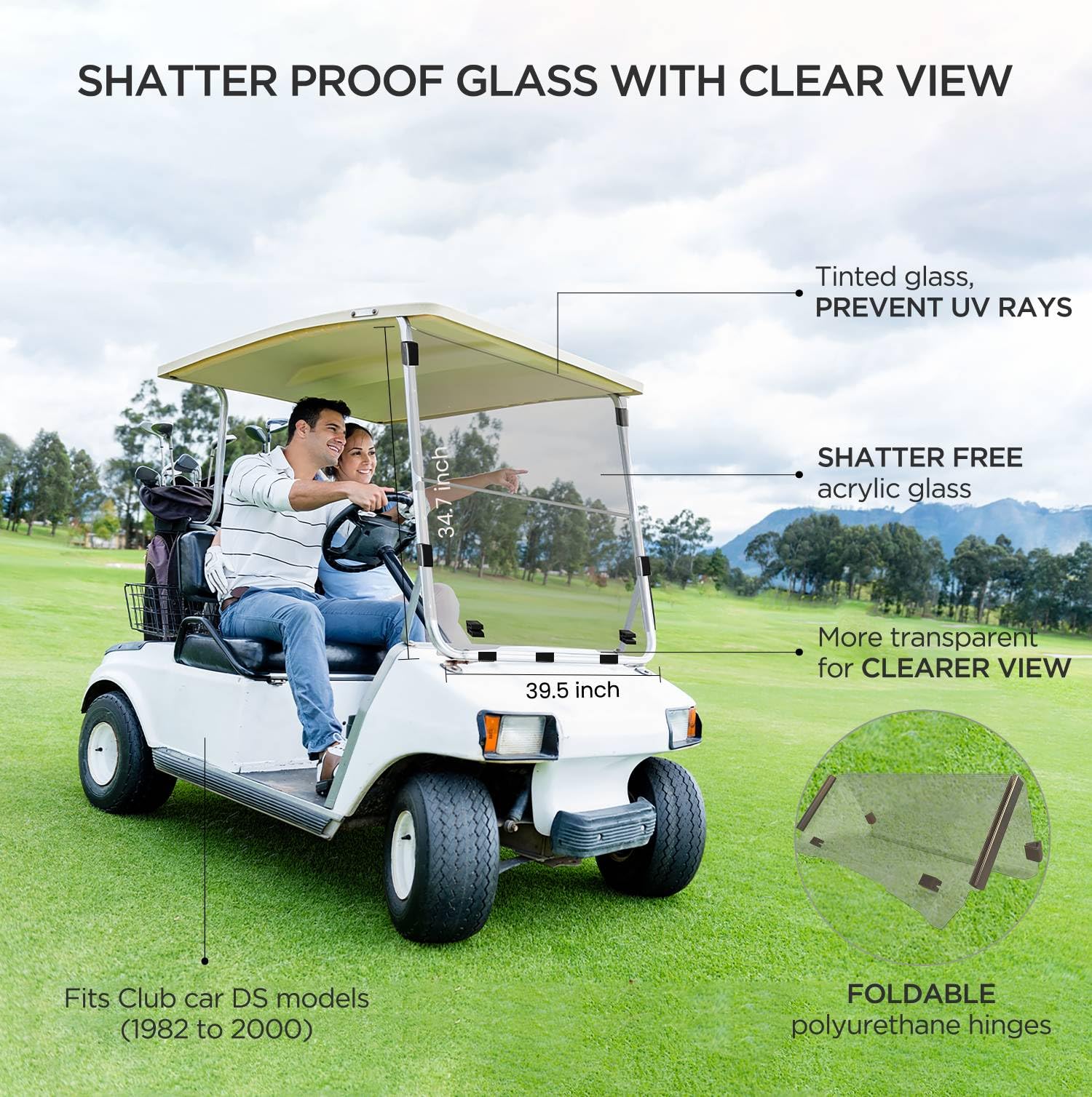 Club Car DS Windshield Replacement for 1982-2000.5 Models - Tinted UV Protection, Impact Resistant Acrylic, Foldable Golf Cart Front Windshield - Perfect for Golf Courses, Resorts, and Outdoor Recreation