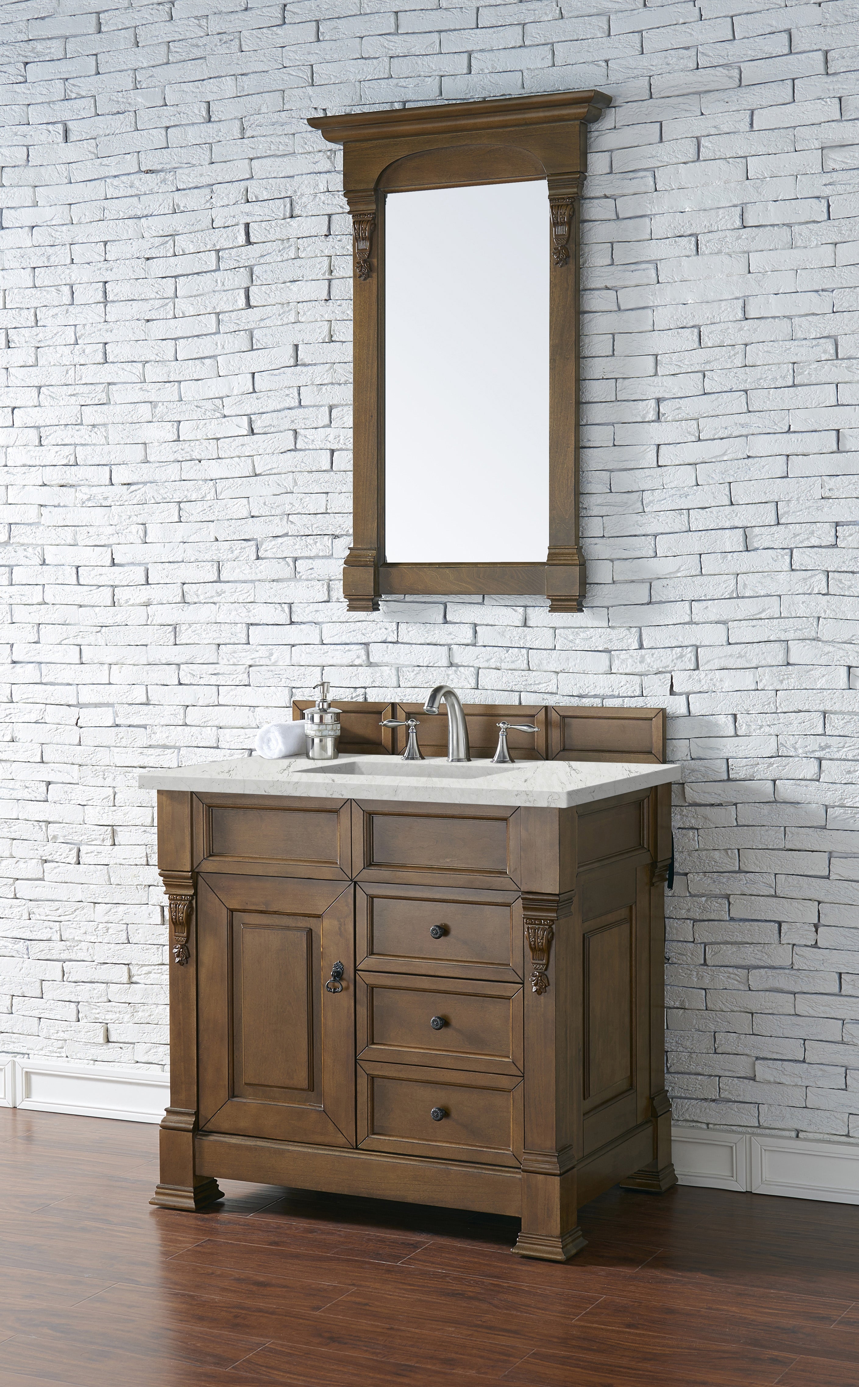 Brookfield 36-Inch Single Bathroom Vanity in Country Oak with 3CM Eternal Jasmine Pearl Quartz Countertop | Perfect for Modern Farmhouse & Rustic Bathroom Designs