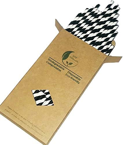 Eco-Friendly Black Striped Paper Straws - 100 Pack Biodegradable Drinking Straws with Colorful Stripes, Durable & Disposable for Parties, Weddings, Cocktails & Home Use