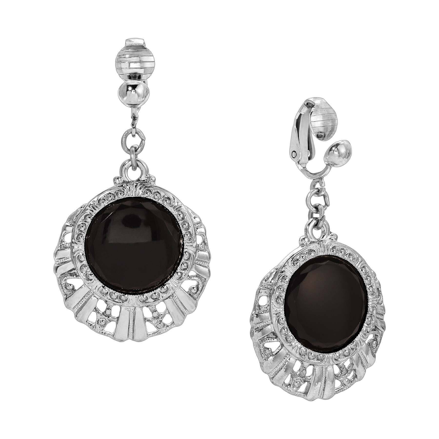 1928 Black Round Stone Textured Clip-On Earrings for Women - Vintage Style Fashion Jewelry for Parties, Weddings & Special Occasions