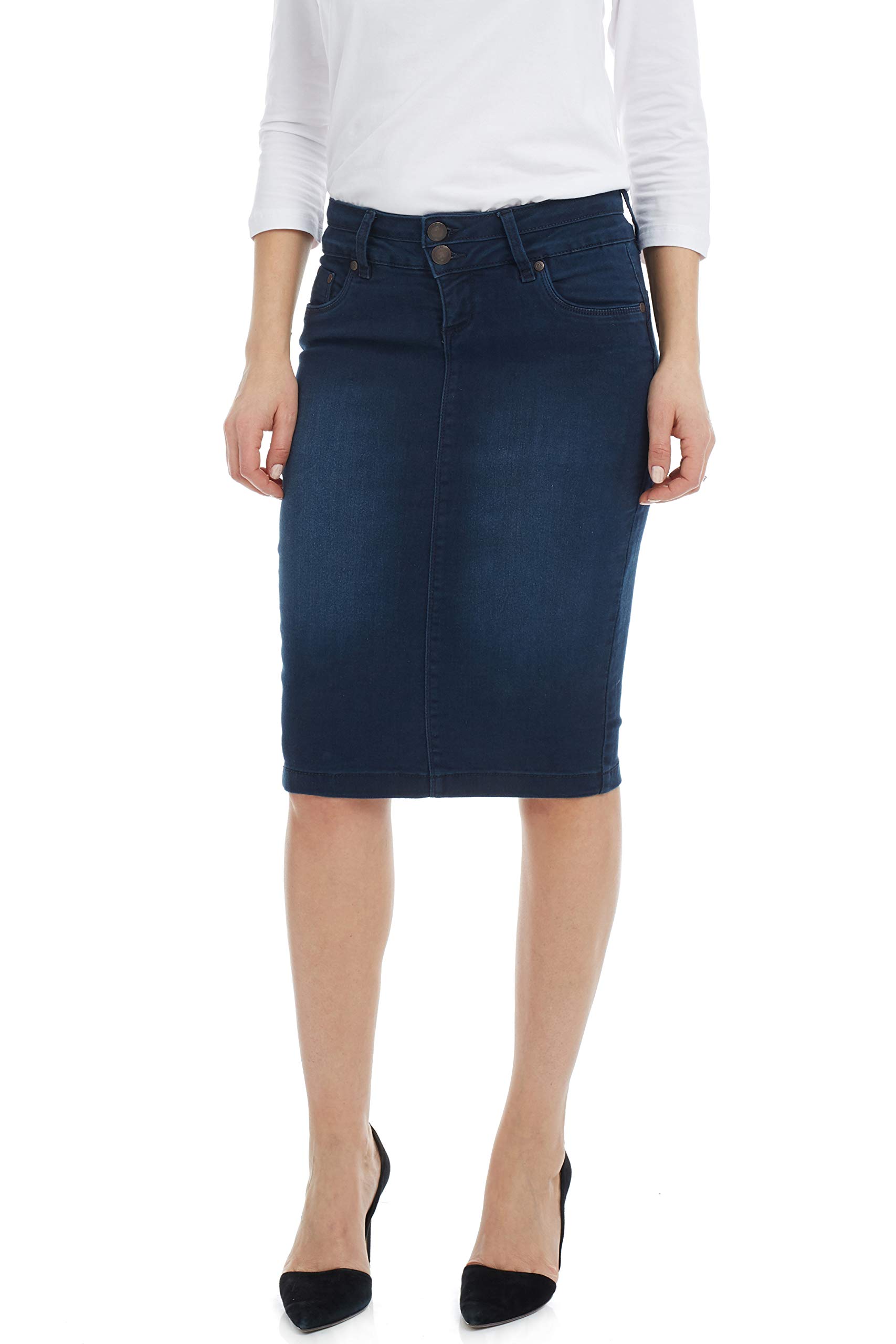 ESTEEZ Women's Stretch Denim Pencil Skirt - High Waist Knee-Length Denim Skirt for Work & Office - Beverly Hills Style Casual & Business Outfits