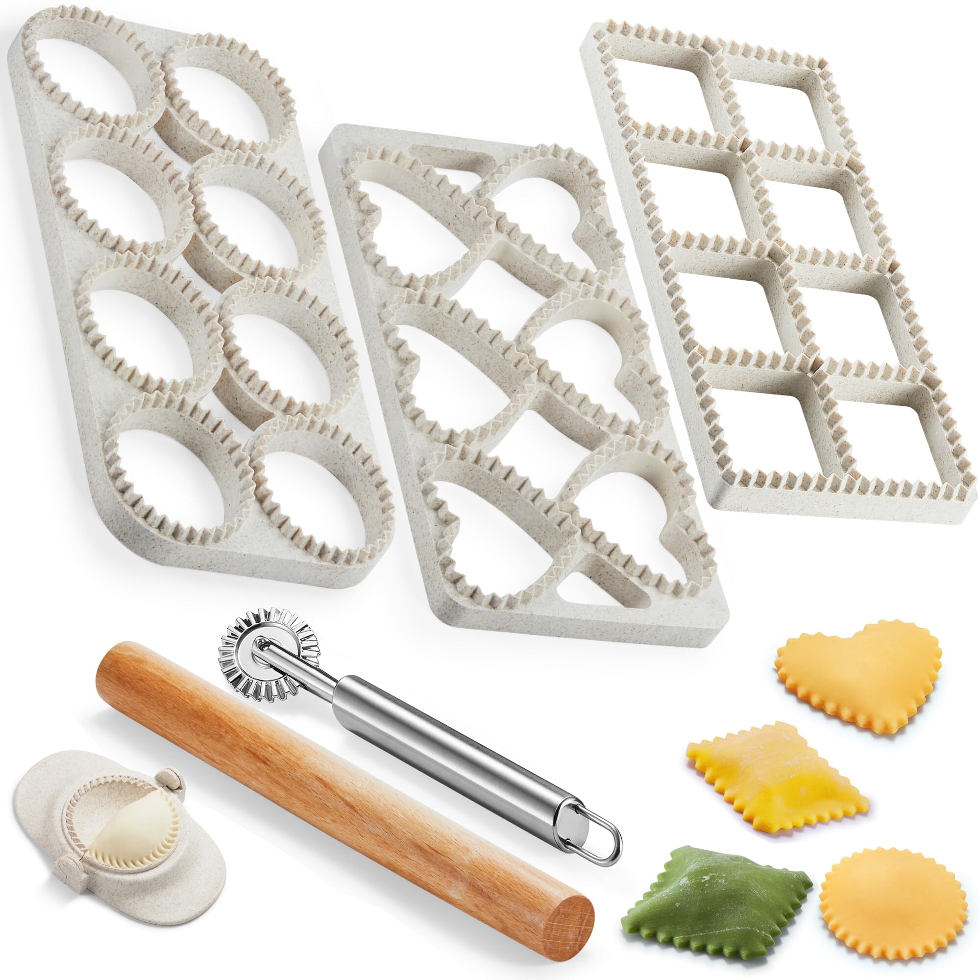 Premium Ravioli Maker Press Set - 3-Piece Pasta Mold Kit with Round, Heart & Square Cutters, Wooden Rolling Pin & 2.6