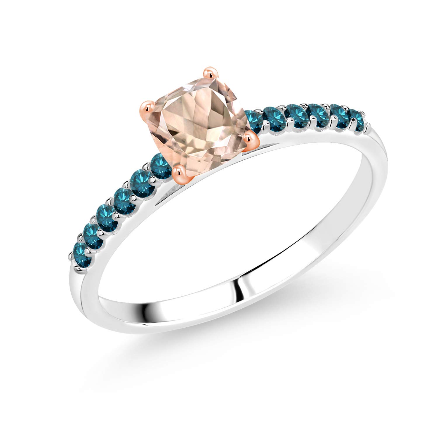 0.72 Ct Peach Morganite & Blue Diamond Ring in 10K White Gold with Rose Gold Prongs | Gem Stone King | Elegant Engagement, Wedding, Anniversary Gift for Her