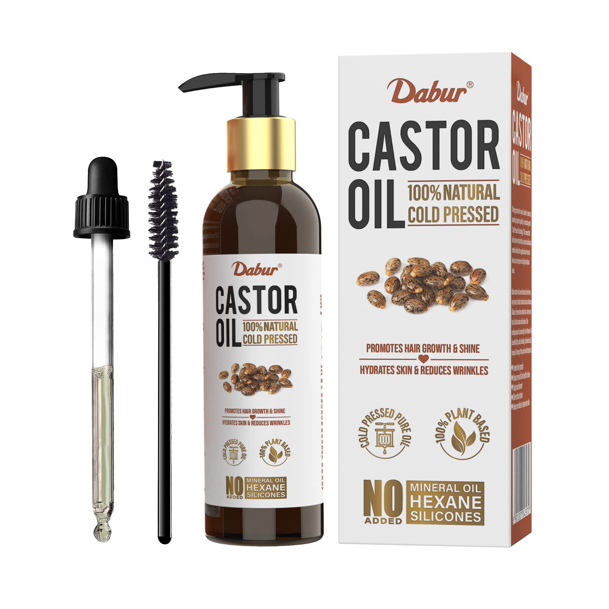 Dabur Castor Oil - 200ml | 100% Pure Cold Pressed Castor Oil for Hair Growth & Skin Care | Natural Moisturizer for Dry Skin, Eyelash & Eyebrow Growth | Reduces Wrinkles & Dark Circles | No Mineral Oil, Silicones or Additives | Perfect for Hair Masks, Skin Hydration & Beauty Routines