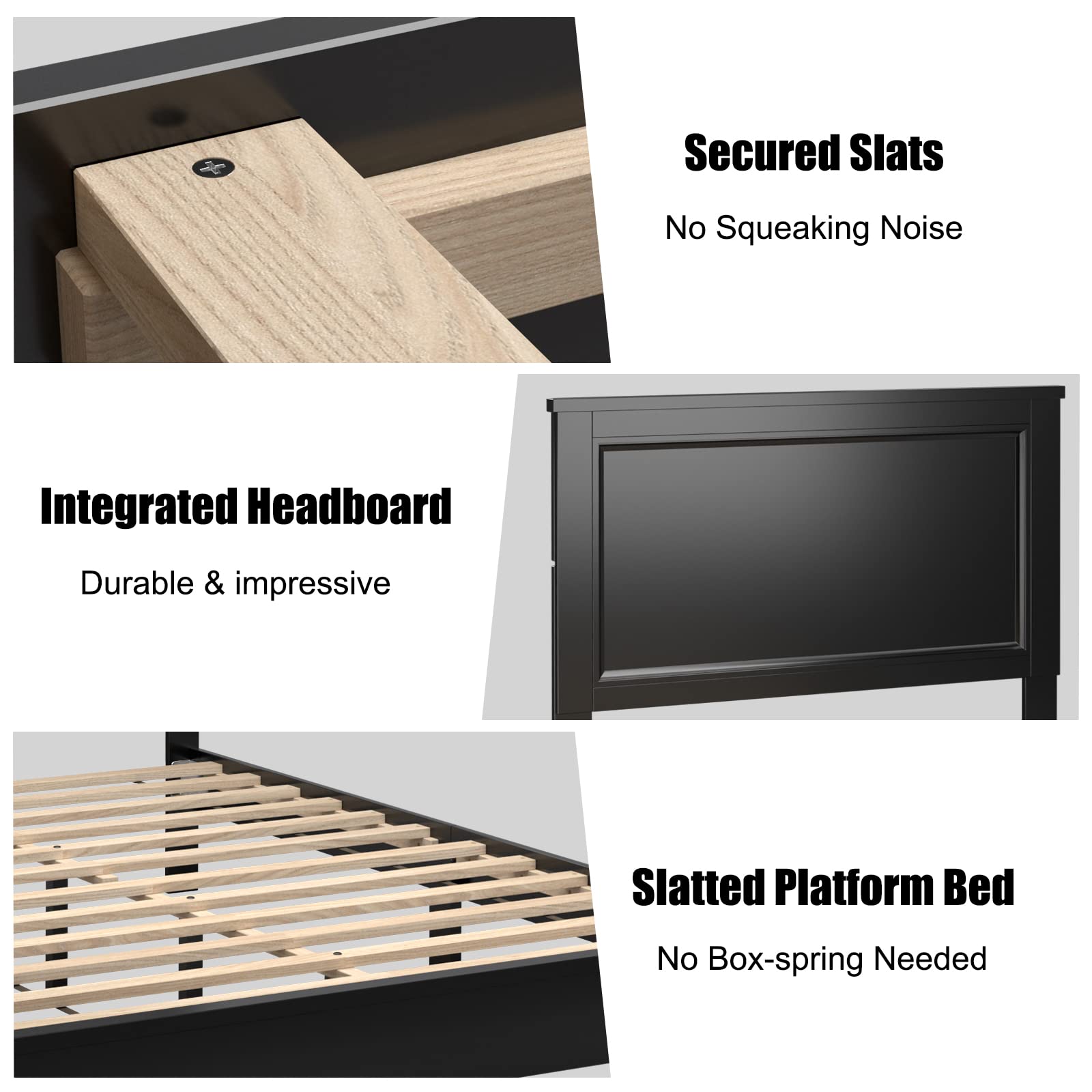 KOMFOTT Full Size Wood Platform Bed Frame with Headboard - Solid Wood Mid Century Modern Bed Frame with Slat Support & Under Bed Storage - No Box Spring Needed - Black - Perfect for Bedroom, Guest Room & Small Space Living
