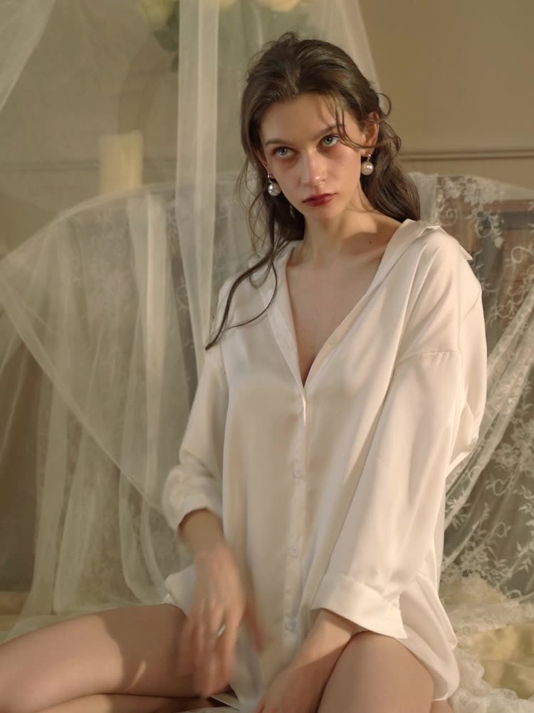 Women's Silk Boyfriend Shirt Pajama Set - Soft Morning Gown & Loungewear for Home Relaxation, Sleepwear & Cozy Nights