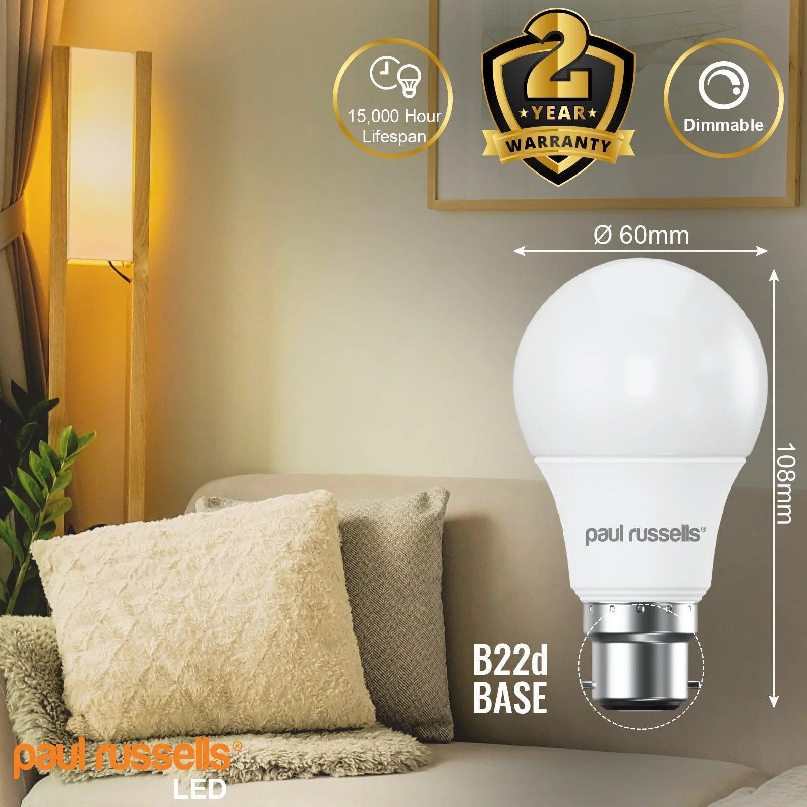 12 Pack LED Dimmable B22 Light Bulbs 8.5W (60W Equivalent) Warm White 2700K Bayonet Cap - Energy Saving GLS Bulbs for Home, Bedroom, Living Room, Office Lighting