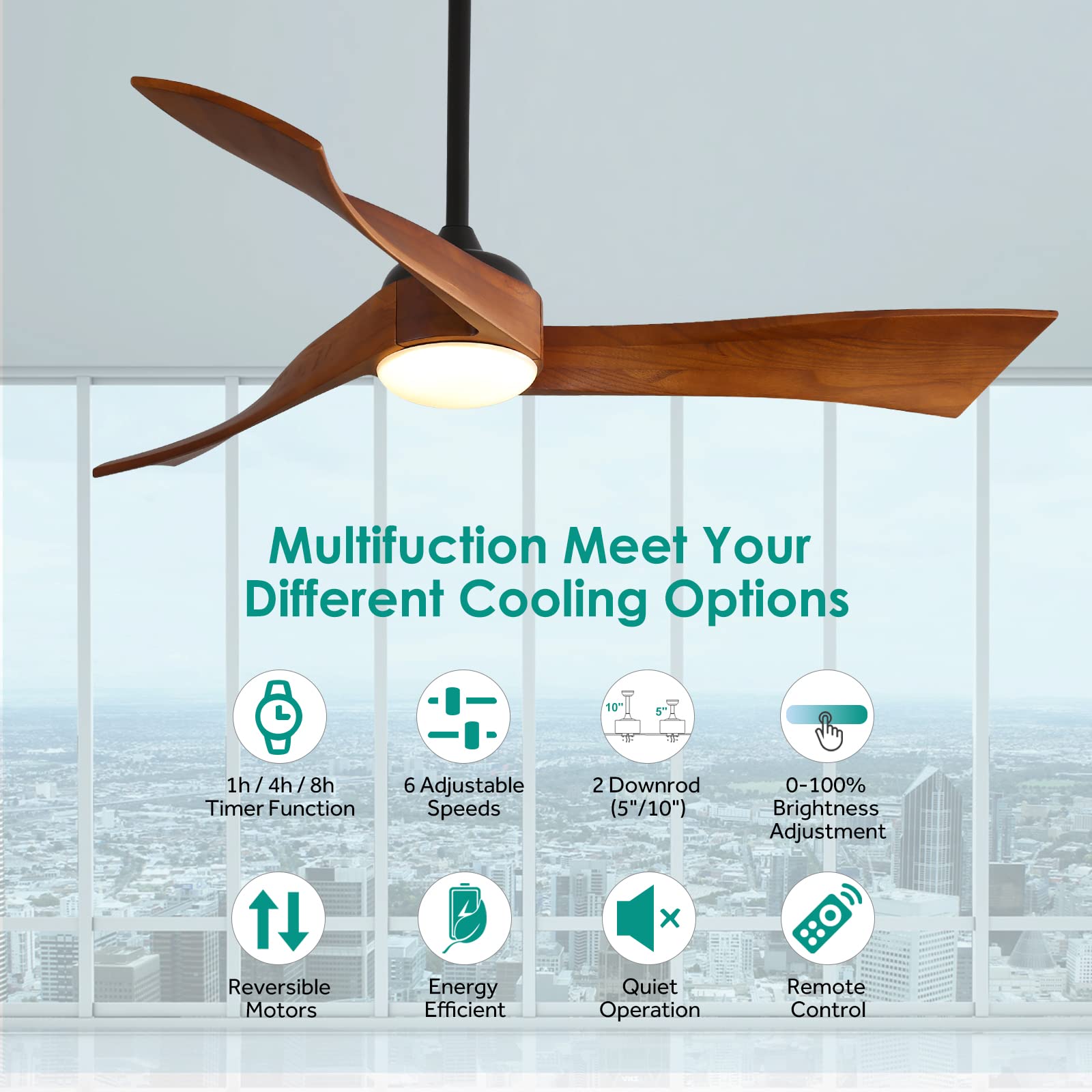 Sofucor 52 Inch Modern Ceiling Fan with Light and Remote Control - 3 Blade Outdoor Ceiling Fan for Patio, 6 Speed Settings & Dimmable LED Light - Brown - Perfect for Living Room, Bedroom, and Covered Outdoor Spaces