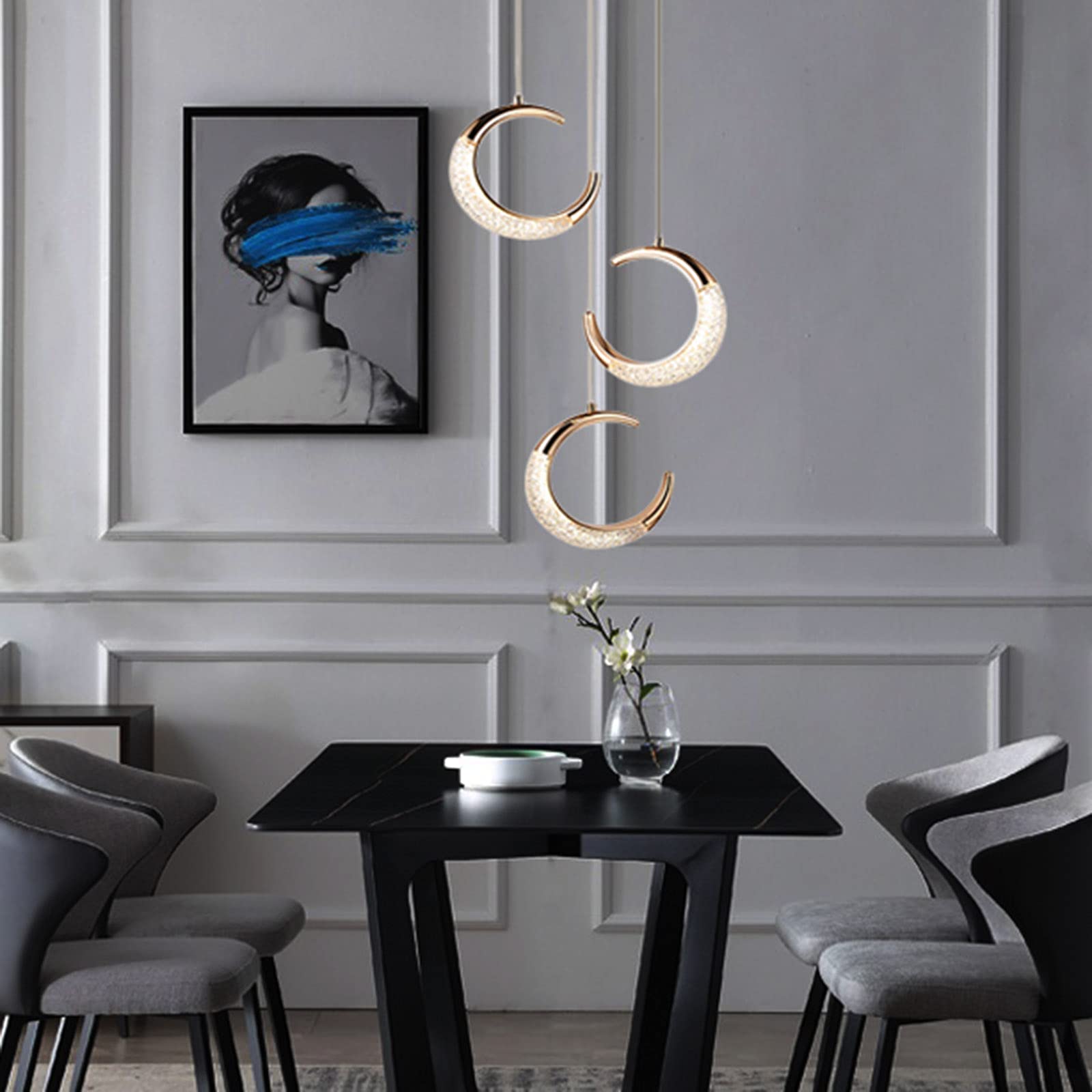 Modern LED Pendant Light Fixture with Crystal Acrylic Diffuser - Rose Gold Ceiling Hanging Lamp for Bedroom, Kitchen & Dining Room - 3-Light Crescent Chandelier - Perfect for Modern Home Decor, Apartment Lighting and Restaurant Ambiance