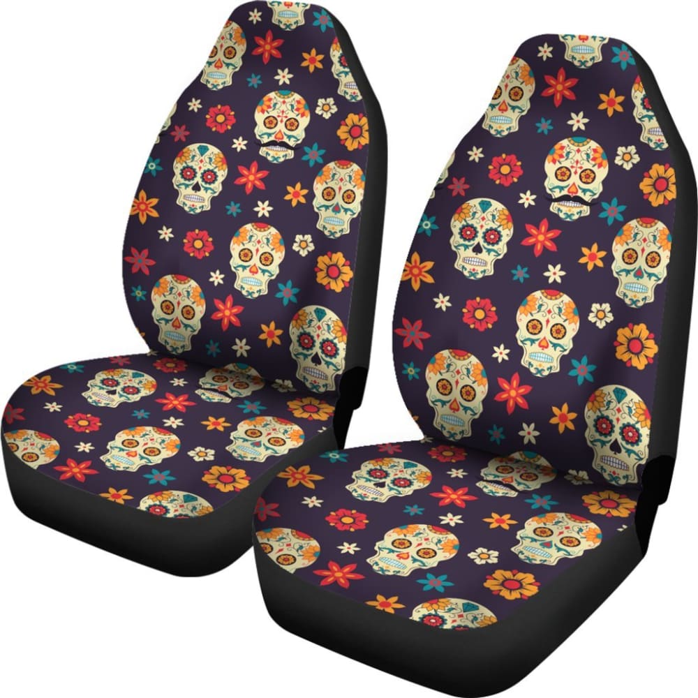 2 Pcs Day of The Dead Sugar Skull Car Seat Covers - Mexican Dia de Los Muertos Decor for Halloween, Party, Festival & Car Accessories - Fits Most Vehicles