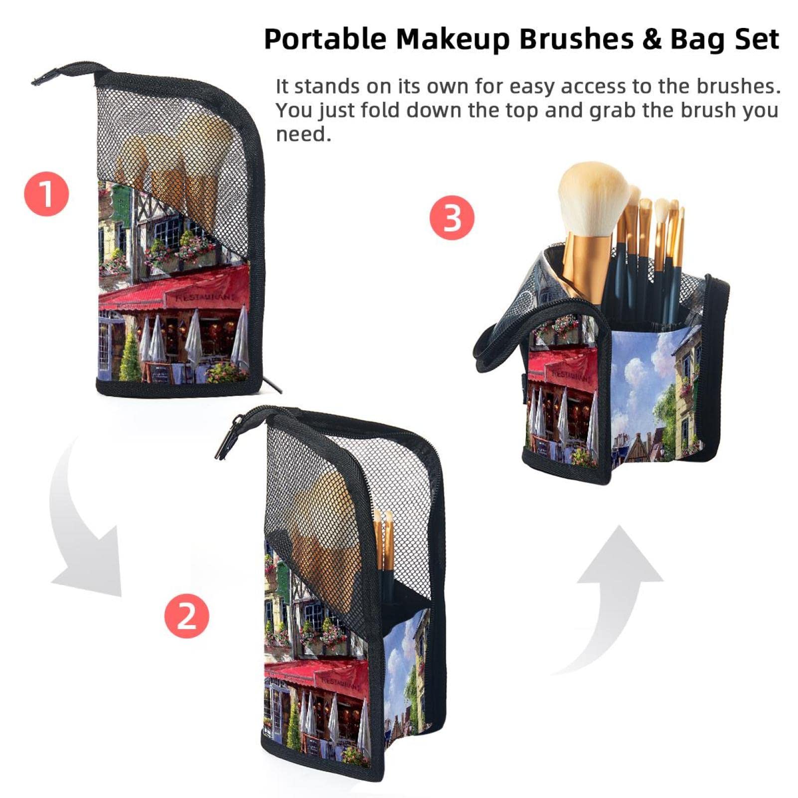 12-Piece Makeup Brush Organizer Bag with European Architectural Print - Portable Travel Cosmetic Brush Holder Case for Makeup Artists & Beauty Enthusiasts - Perfect for Home Vanity, Travel & Professional Use