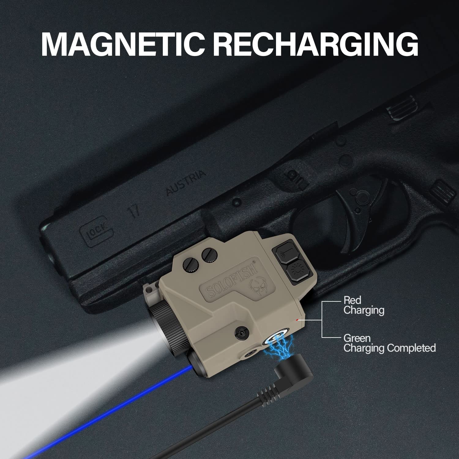 SOLOFISH Magnetic Rechargeable Gun Beam - Green/Blue/Red Laser Sight for Pistols & Rifles | Shockproof | Fits Glock 17/19 | Hunting & Tactical Use