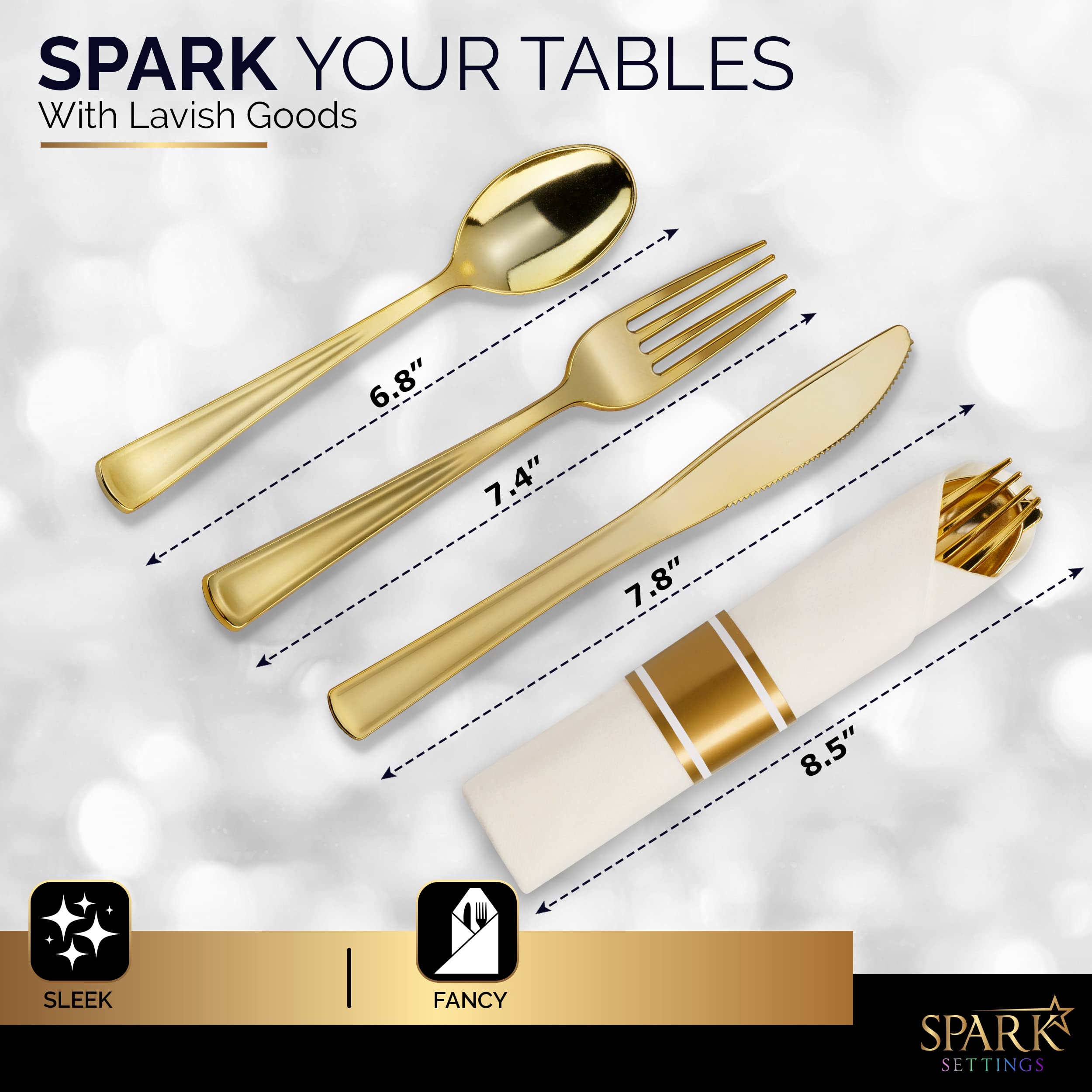 Elegant Gold Plastic Cutlery Set - 50 Piece Disposable Silverware with Napkins, Forks, Knives & Spoons for Wedding, Party & Catering Events - Premium Wrapped Plastic Silverware by SparkSettings