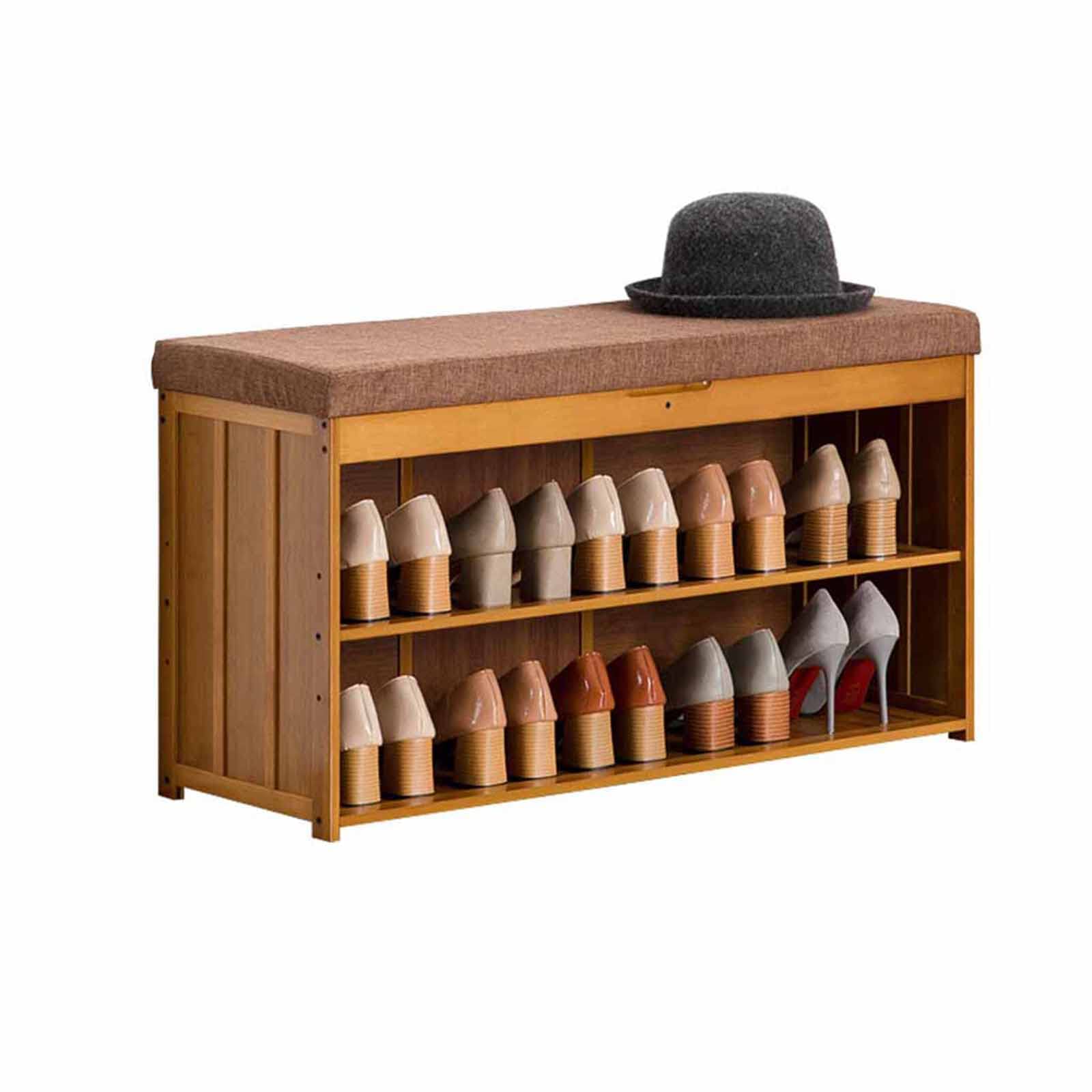 2-Tier Bamboo Shoe Bench with Padded Seat - Multi-Functional Entryway Shoe Organizer & Storage Rack | Space-Saving Shoe Cabinet, Comfortable Changing Stool with Soft Cushion for Hallway, Bedroom, or Mudroom Organization