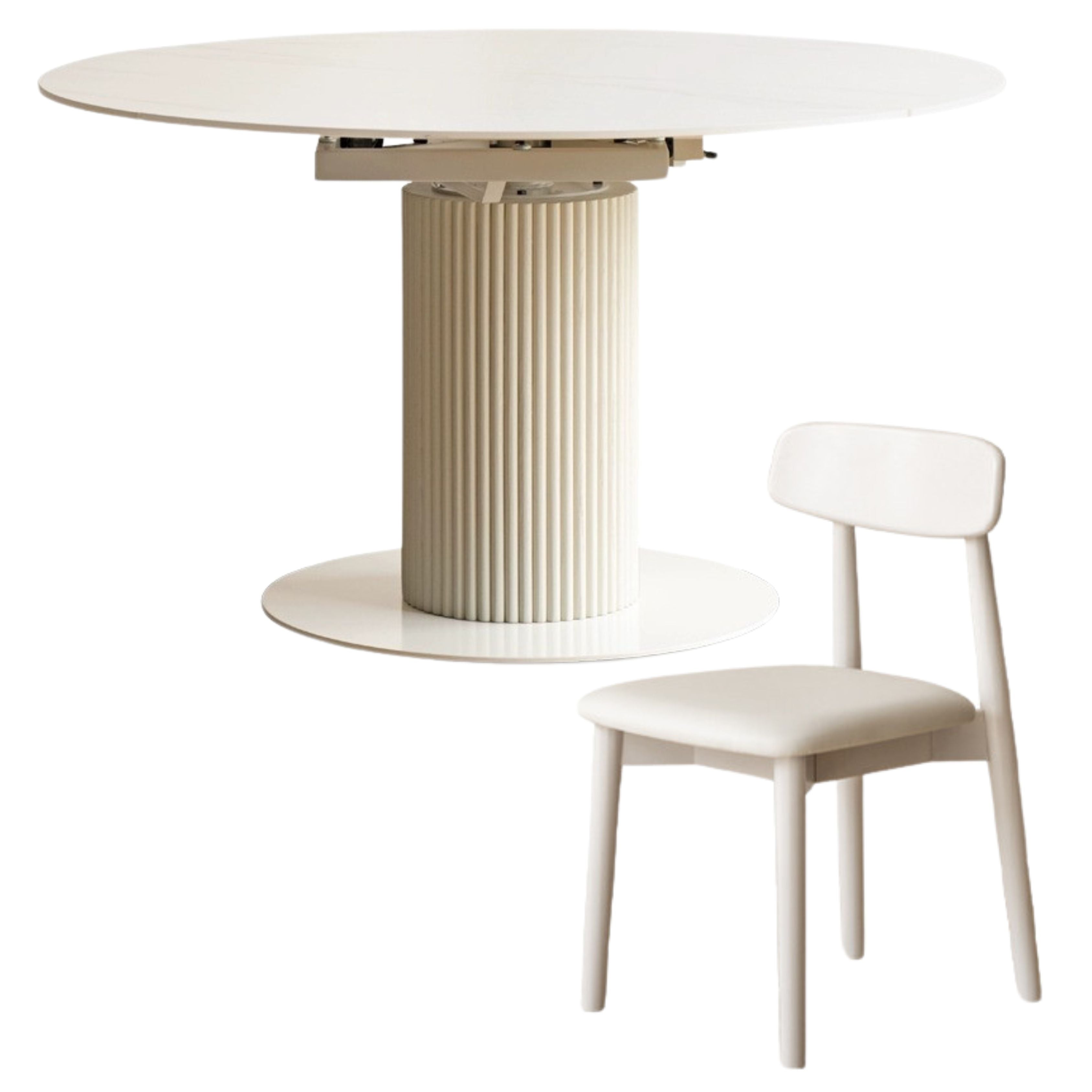 Solid Oak Wood Round Extendable Dining Table with Rock Plate Design - Cream Finish for Modern Dining Room & Kitchen Decor