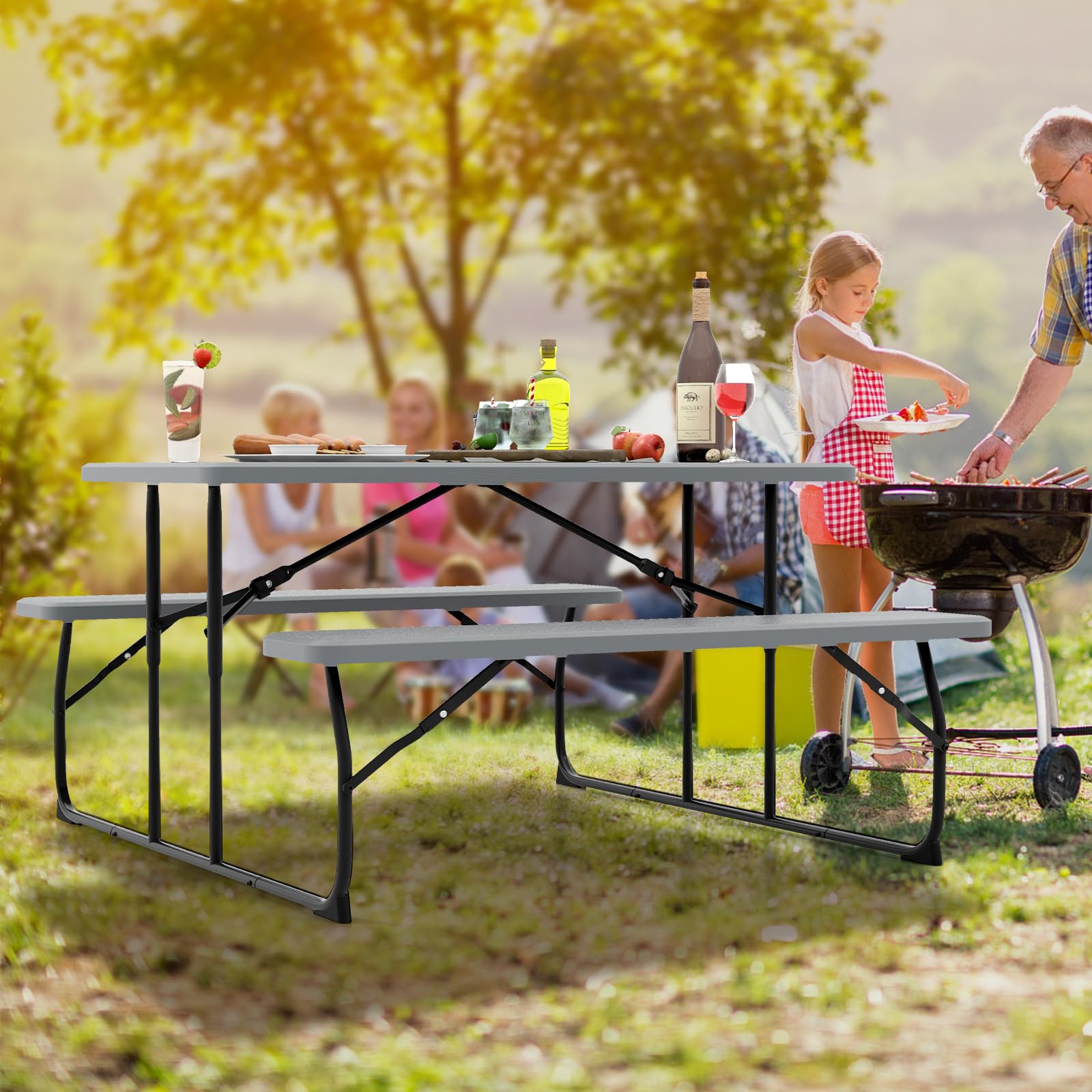 Tangkula Folding Picnic Table with 2 Benches - Portable Outdoor Metal Camping Table Set with Durable Plastic Wood-Like Tabletop & Sturdy Steel Frame - Compact Foldable Design for Picnics, BBQs, Camping, Backyard Parties, Tailgating and Outdoor Dining (Grey)