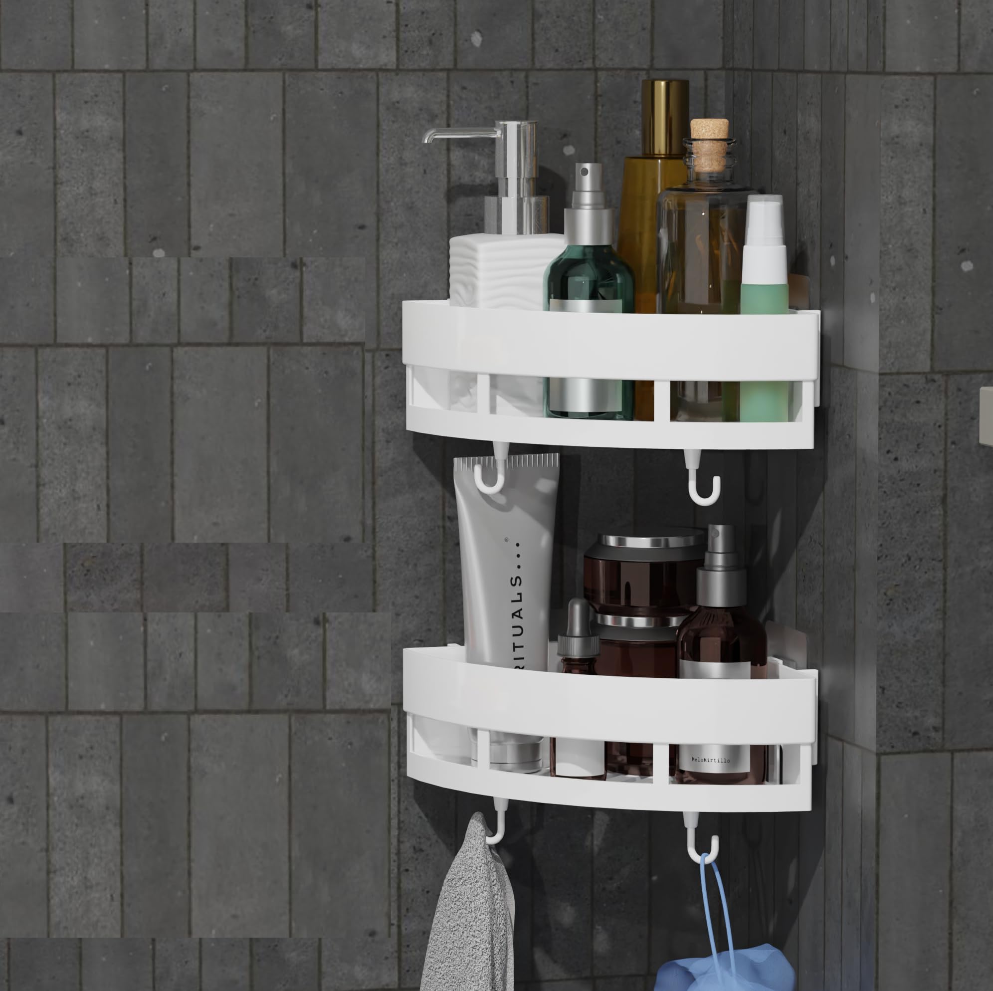 QXORE No-Drill Plastic Bathroom Shelf & Cabinet - Space-Saving Corner Storage Organizer for Bathroom & Kitchen Accessories (White, 1-Pack) - Perfect for Small Spaces, Apartments & Rental Homes