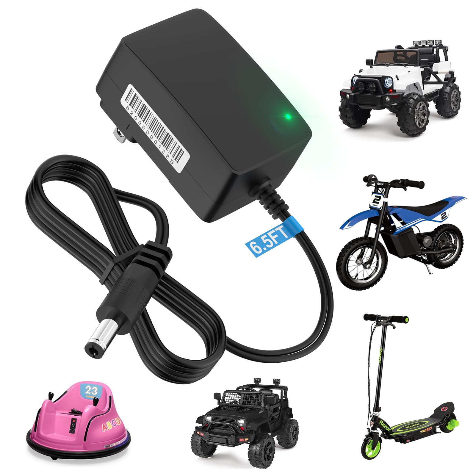 12V Universal Battery Charger for Kids Ride-On Cars - Compatible with Mercedes, BMW i8, Jeep, Lamborghini Electric Toy Vehicles - 6.5FT Cord with Indicator Light - Best Choice Products (Perfect for Birthday Gifts & Outdoor Playtime)