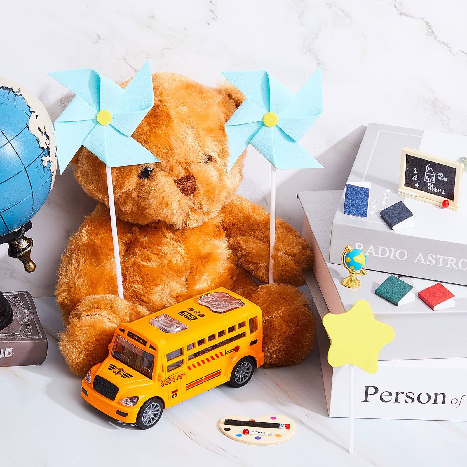 School Bus Cake Topper Set - Back to School Star Pen, Blackboard & Book Decorations - Blue Windmill Cake Toppers for Birthday Party Theme - Perfect for Classroom Celebrations & Kids Birthday Cakes