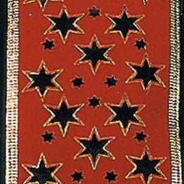 Premium Red Wired Embossed Velvet Star Ribbon with Gold Trim - 2.5