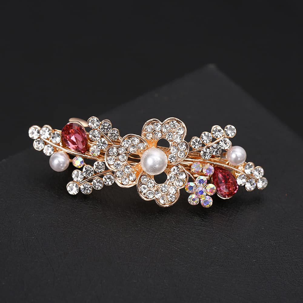 Elegant Pearl Crystal Rhinestone Hair Barrettes for Women & Girls - Stylish Hair Clips & Hairpins Accessories (Red) - Perfect for Weddings, Parties & Everyday Wear