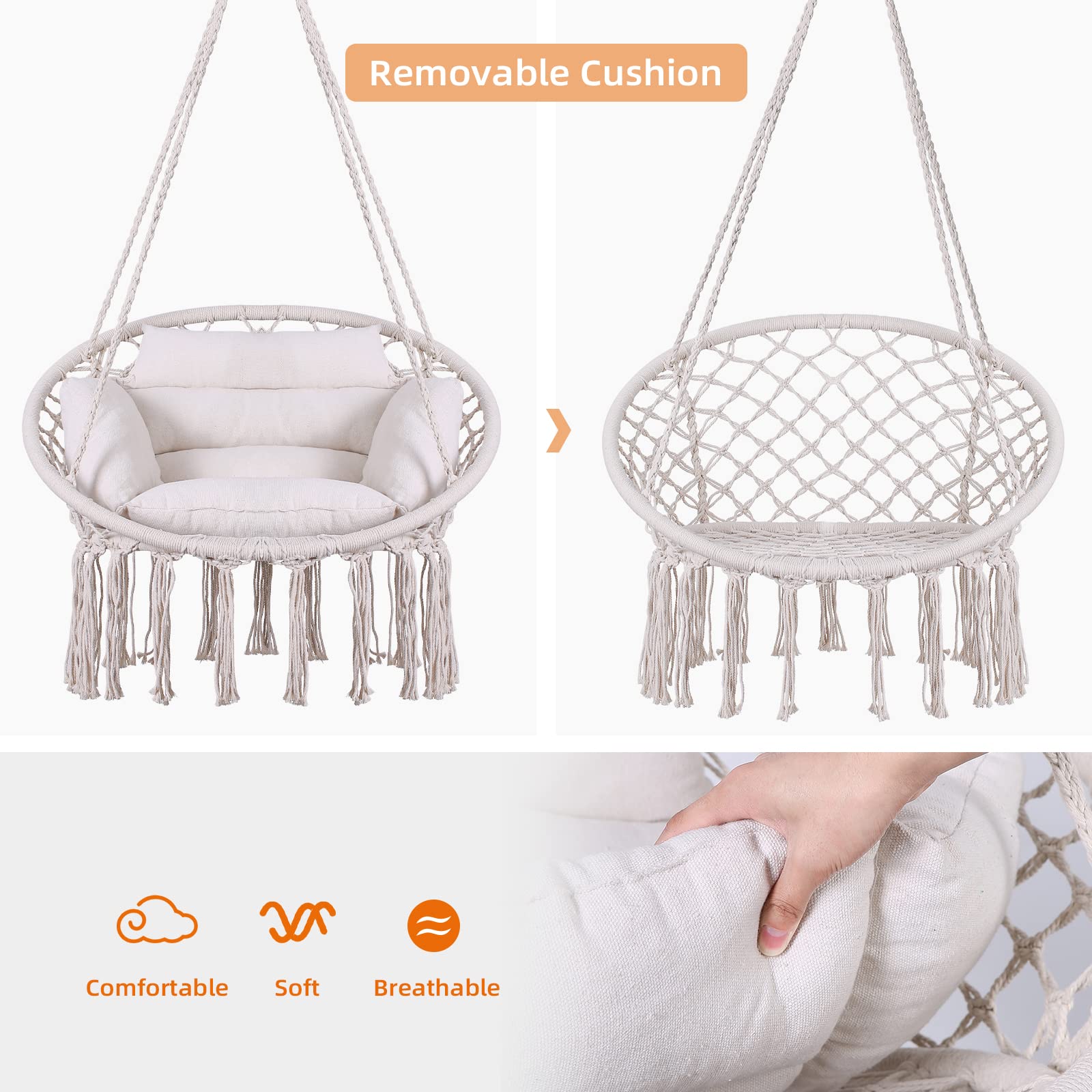Goutime Macrame Hanging Swing Chair with Cushion & Hardware Kit - Outdoor Hammock Chair for Patio, Balcony, Bedroom - Comfortable Adult Swing Seat (Gray) - Perfect for Relaxing, Reading & Lounging