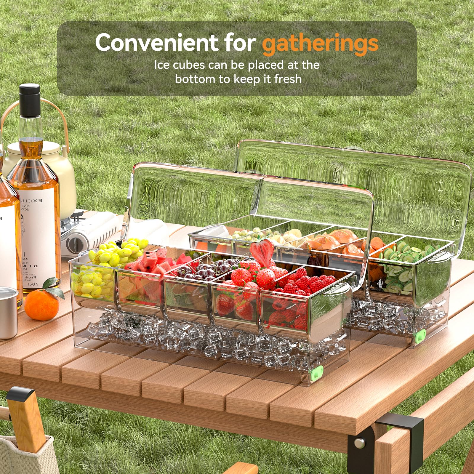 Dimber Chilled Condiment Server with Lid - Ice Cube Tray, 500 Forks, 2 Tongs & 6 Spoons - Versatile Condiment Caddy with Lids for Salad Bars, Mimosa Bars, Fruit Trays & Outdoor Parties