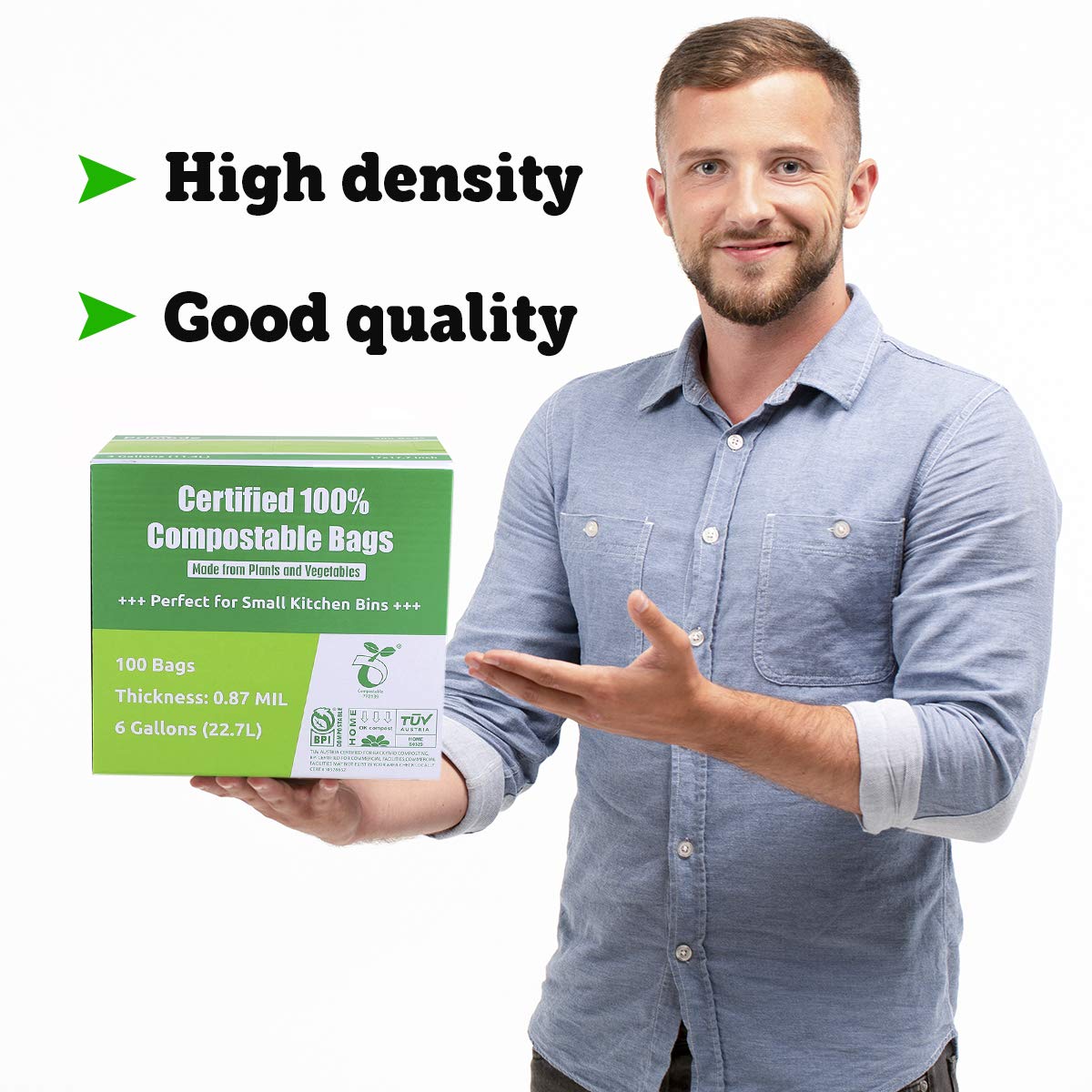 Primode 6 Gallon Compostable Trash Bags - 50 Count Extra Thick 0.87 Mil ASTM D6400 Certified BPI & TÜV AUSTRIA - Eco-Friendly Kitchen & Yard Waste Bags for Food Scraps, Organic Waste Disposal & Composting