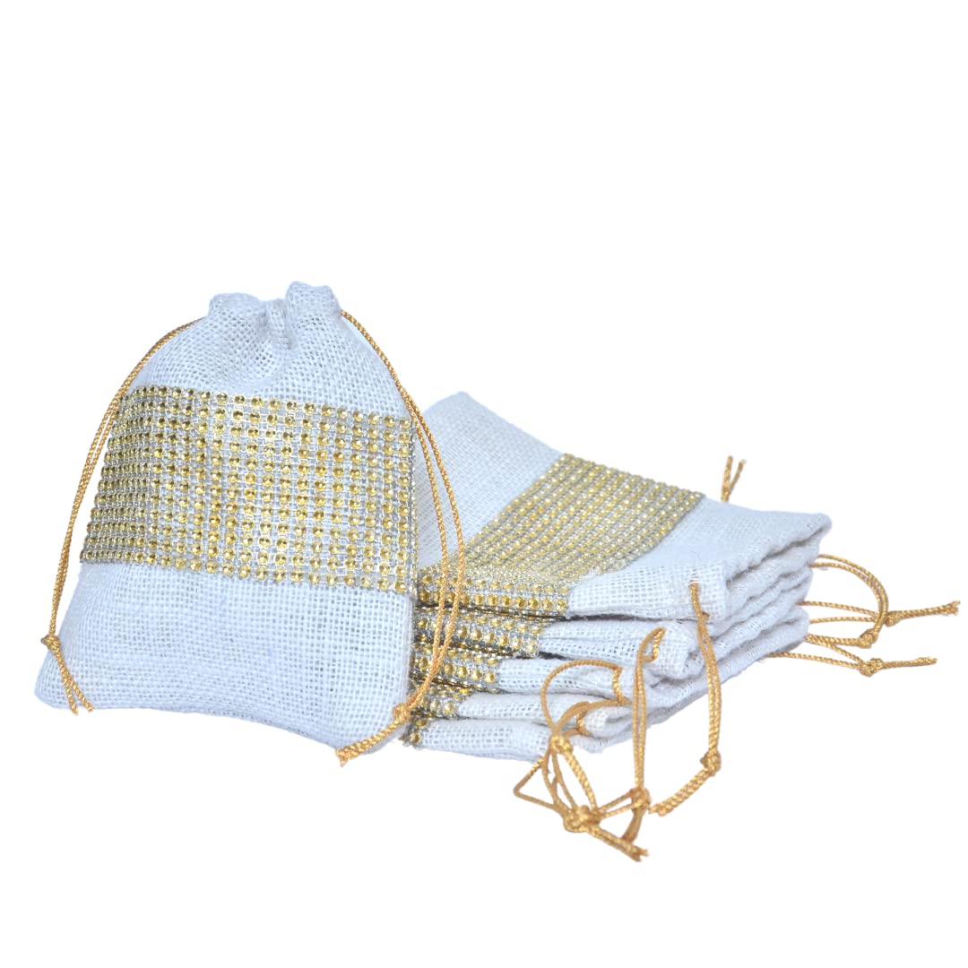 Handmade White Jute Potli Bags with Golden Border - 6x5 Inch Eco-Friendly Diwali Gift Pouches | Perfect for Wedding Favors, Party Return Gifts & Home Decor | Jute Linen Burlap Gift Bags for Special Occasions