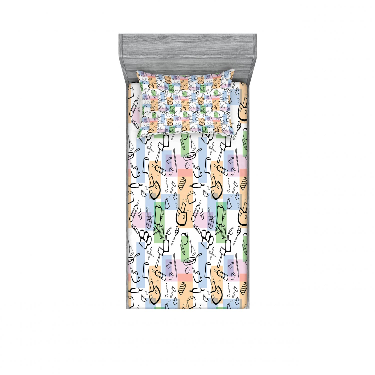 Ambesonne Abstract 2-Pack Twin XL Fitted Sheet & Pillow Sham Set - 4 Piece Kitchen-Themed Bedding Decor in Multicolor | Perfect for Dorms, Guest Rooms & Themed Bedroom Decorations