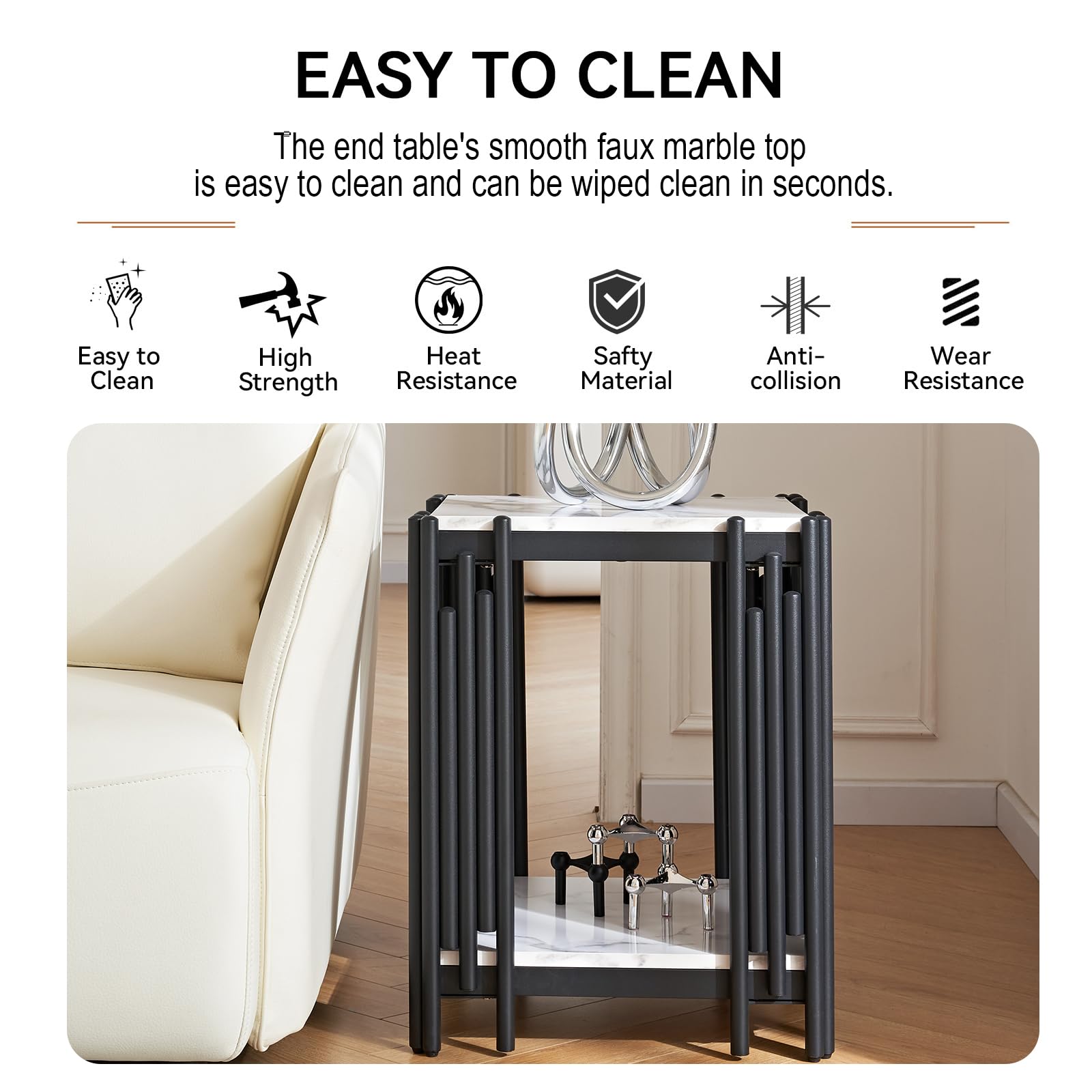 3-Piece White Faux Marble Coffee Table Set with Black Metal Frame - Modern Living Room Table Set Includes Coffee Table & 2 End Tables - Perfect for Living Room, Office, Apartment & Small Spaces