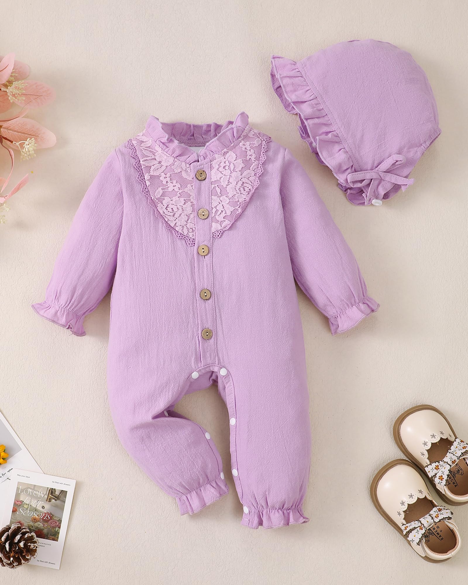 Mioglrie Newborn Baby Girl Clothes - Soft Long Sleeve Romper Jumpsuit with Floral Hat | Fall Winter Outfits for Infant & Preemie Girls | Perfect for Family Photos, Holidays & Special Occasions