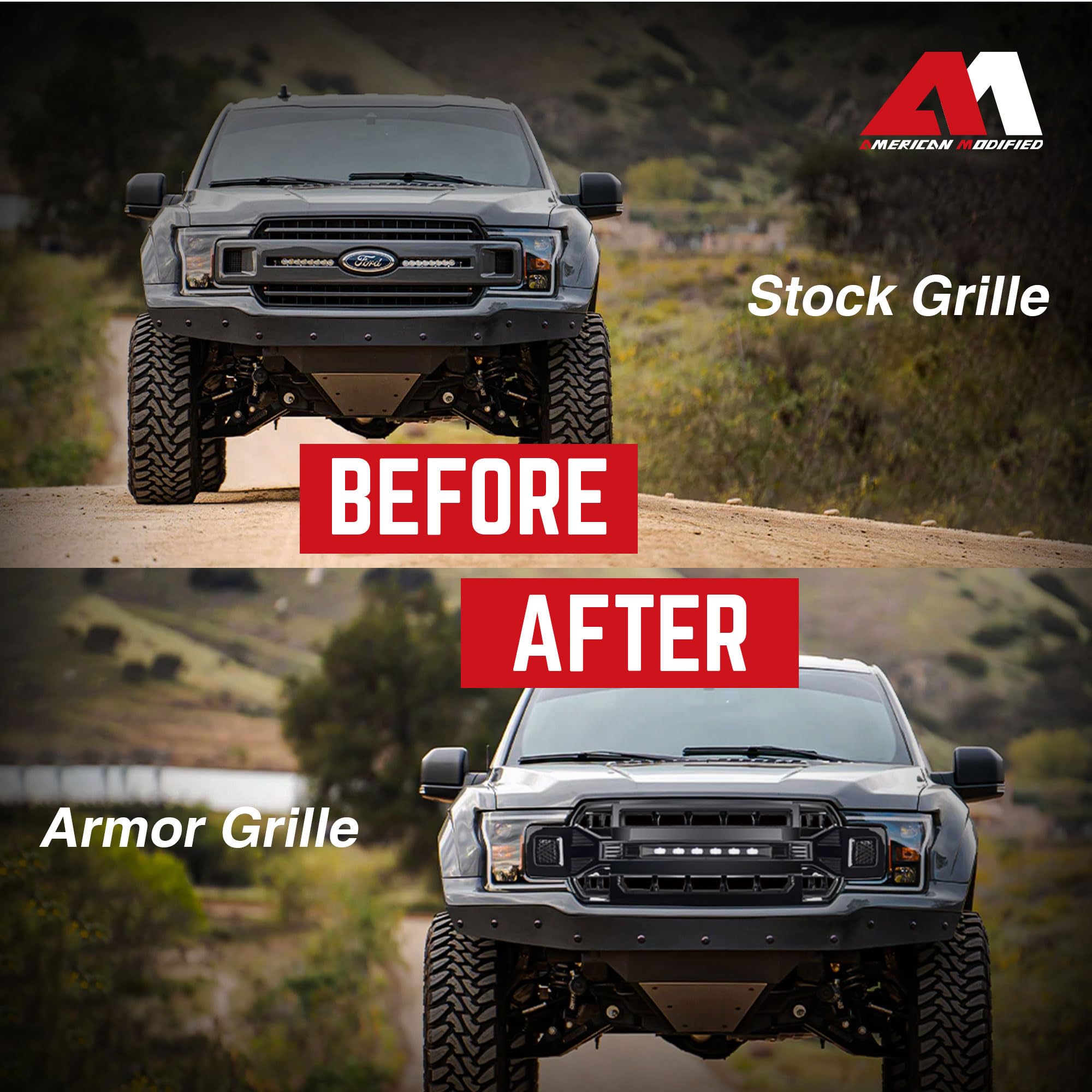 2018-2020 Ford F150 Direct Fit Replacement Front Grille with Off-Road Lights | Glossy Black Armor Grille | Perfect for Off-Roading & Truck Customization