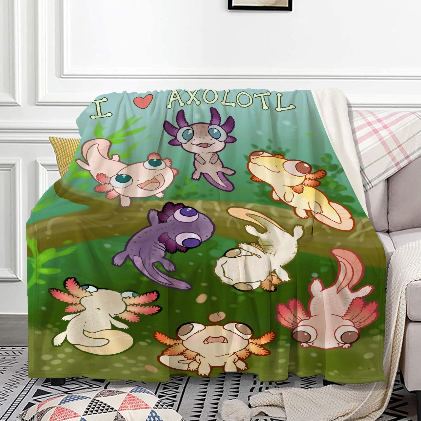 Soft Flannel Fleece Axolotl & Seaweed Aquarium Blanket - Lightweight Microfiber Cozy Throw for All Seasons (120