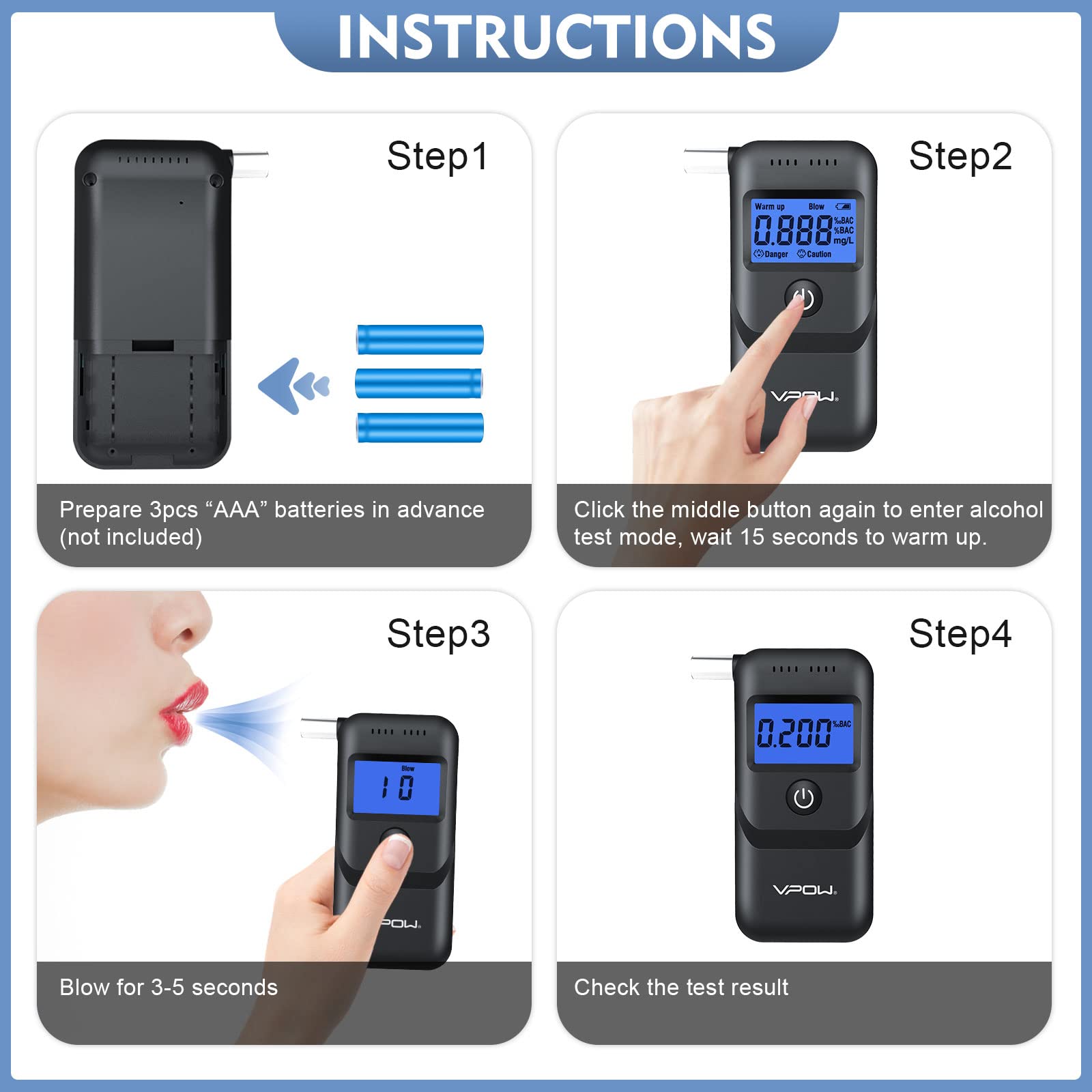 VPOW Digital Alcohol Breathalyzer Tester with Blue LCD Display - High Accuracy Personal & Professional Breath Alcohol Test Device for Home, Workplace, and Law Enforcement Use - Black